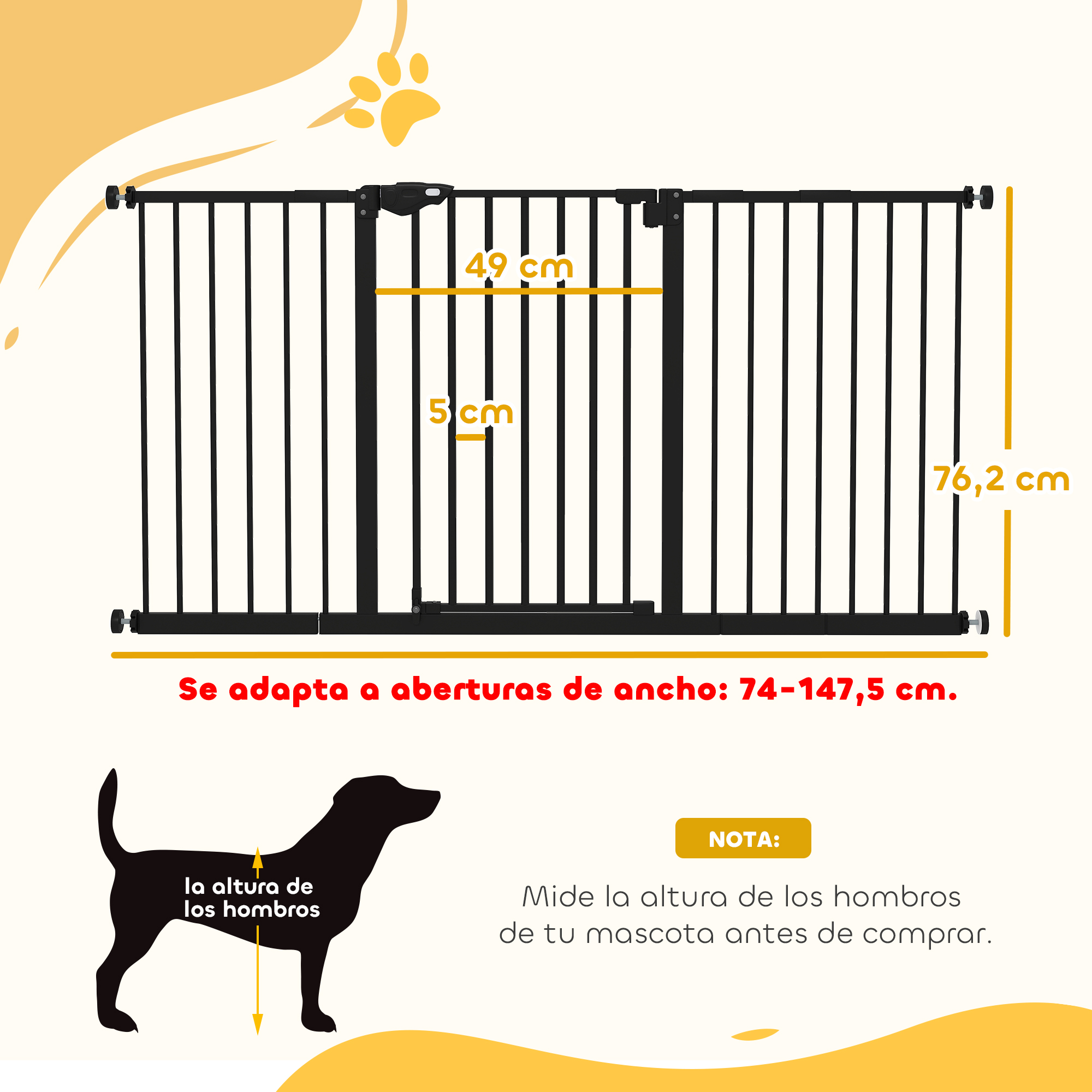 Barrera negra para mascotas con medidas: 49 cm, 5 cm, 76,2 cm. Para aberturas 74-147,5 cm.