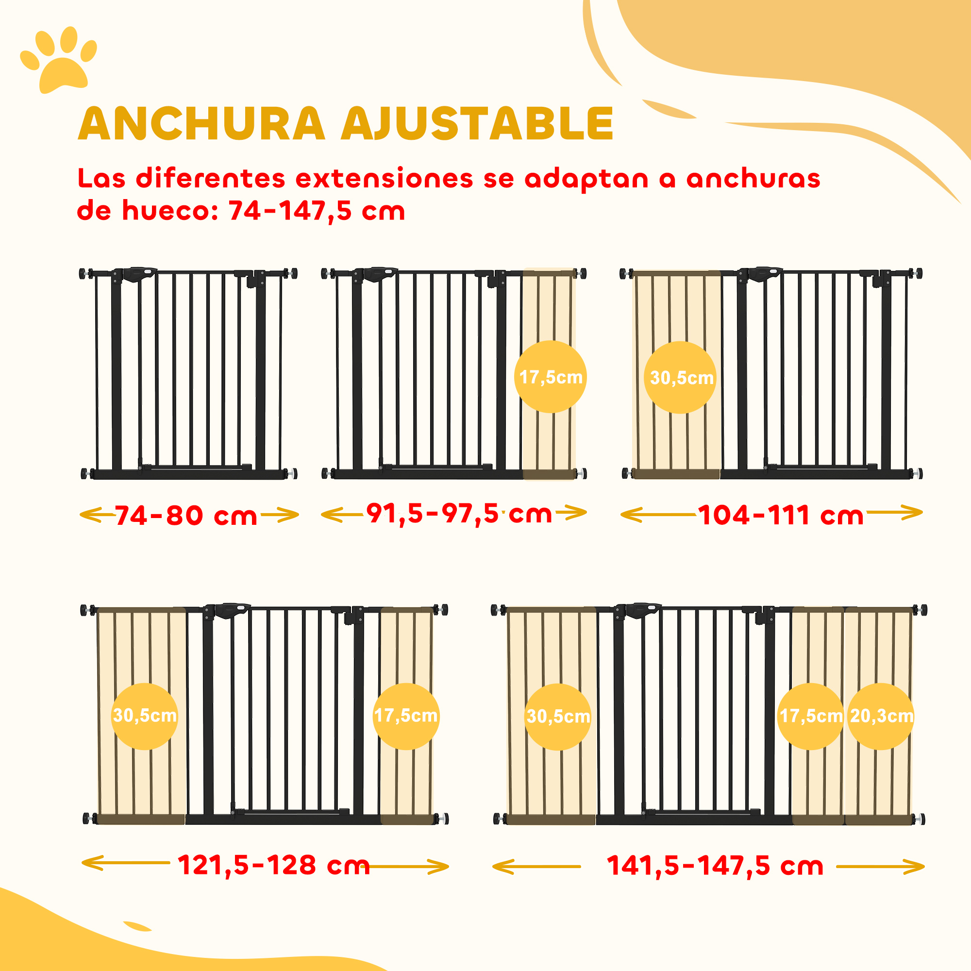 Barrera ajustable para mascotas en anchos de 74-147,5 cm.