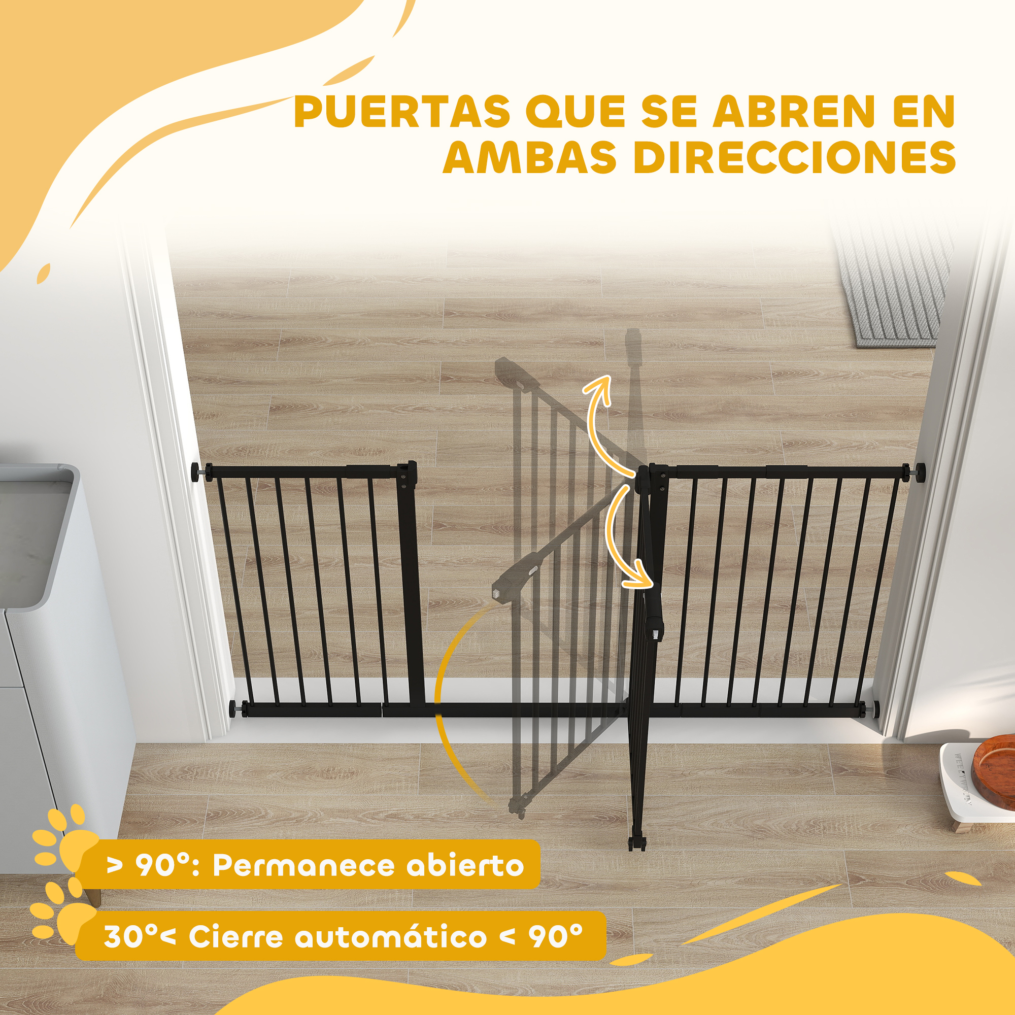 Puerta negra para mascotas se abre en ambas direcciones, permanece abierta <gt/>90°.