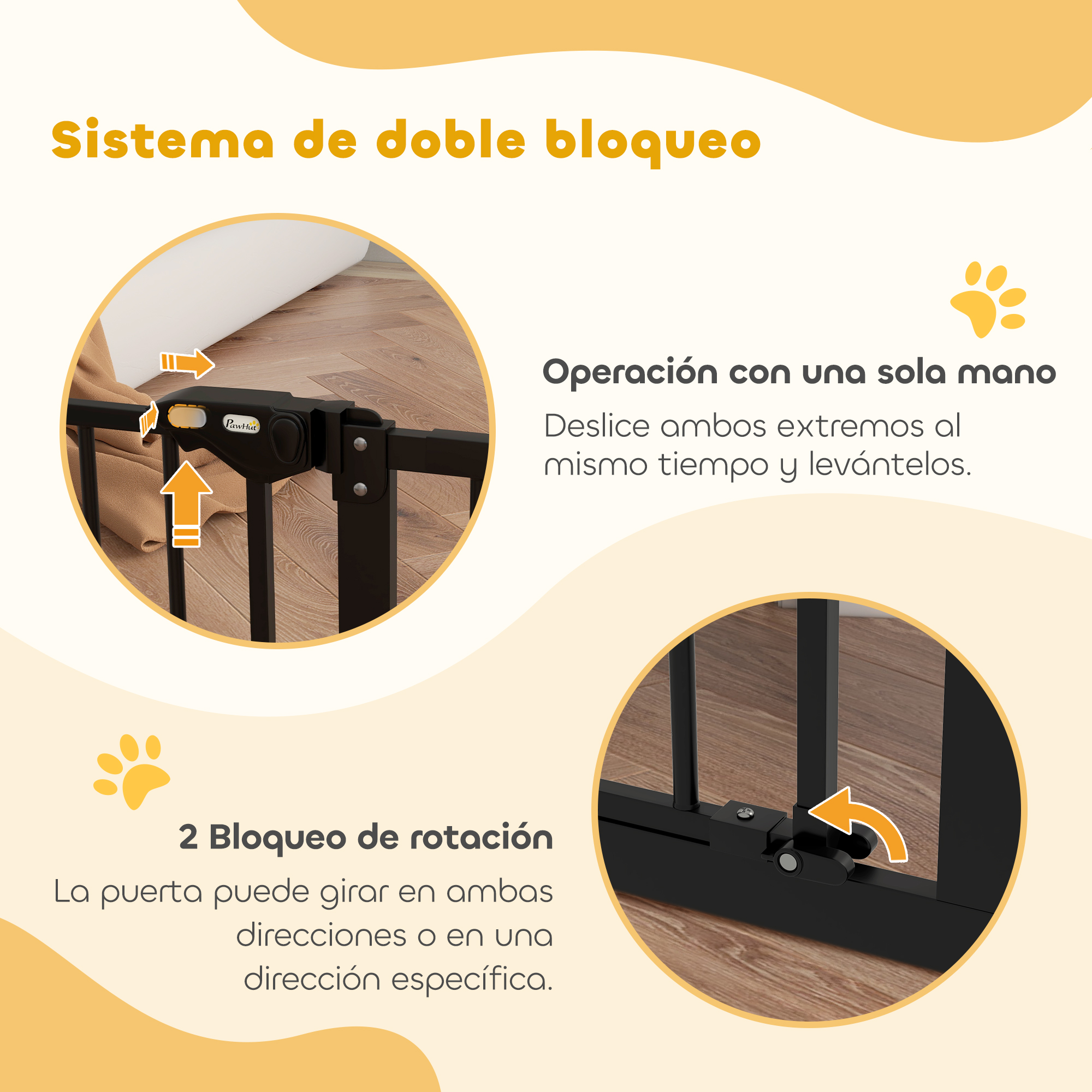Barrera de seguridad negra con primeros planos del mecanismo y flechas indicando uso.