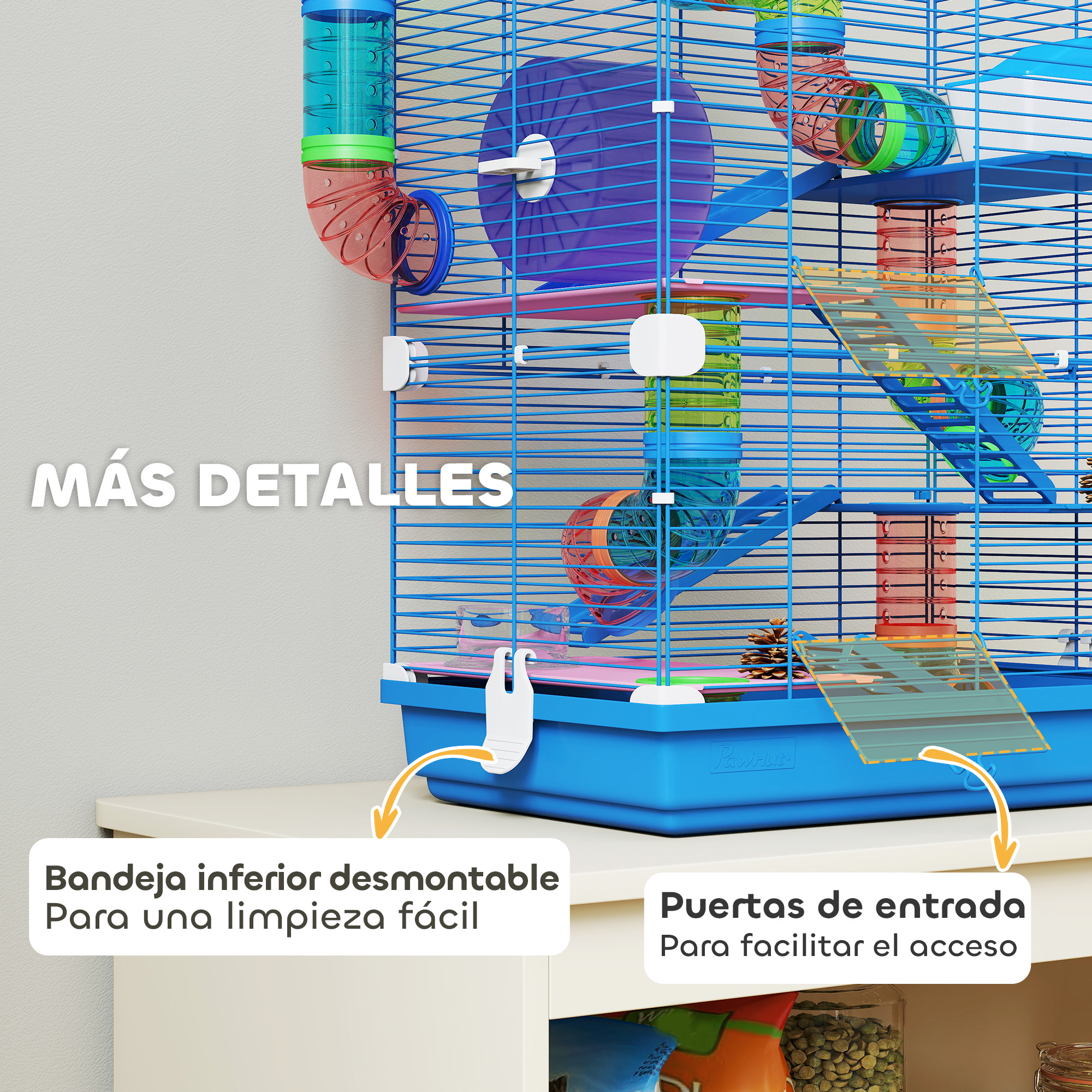 Una jaula azul para hámster con ruedas, tubos y rampas.