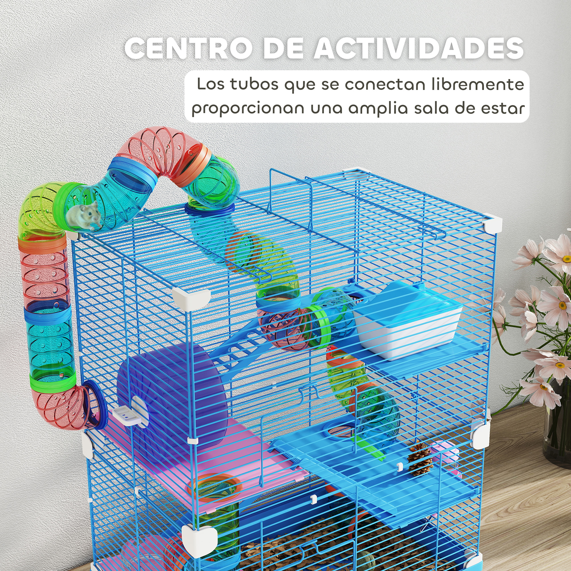 Un sistema de jaula azul para hámster con tubos coloridos y un hámster.