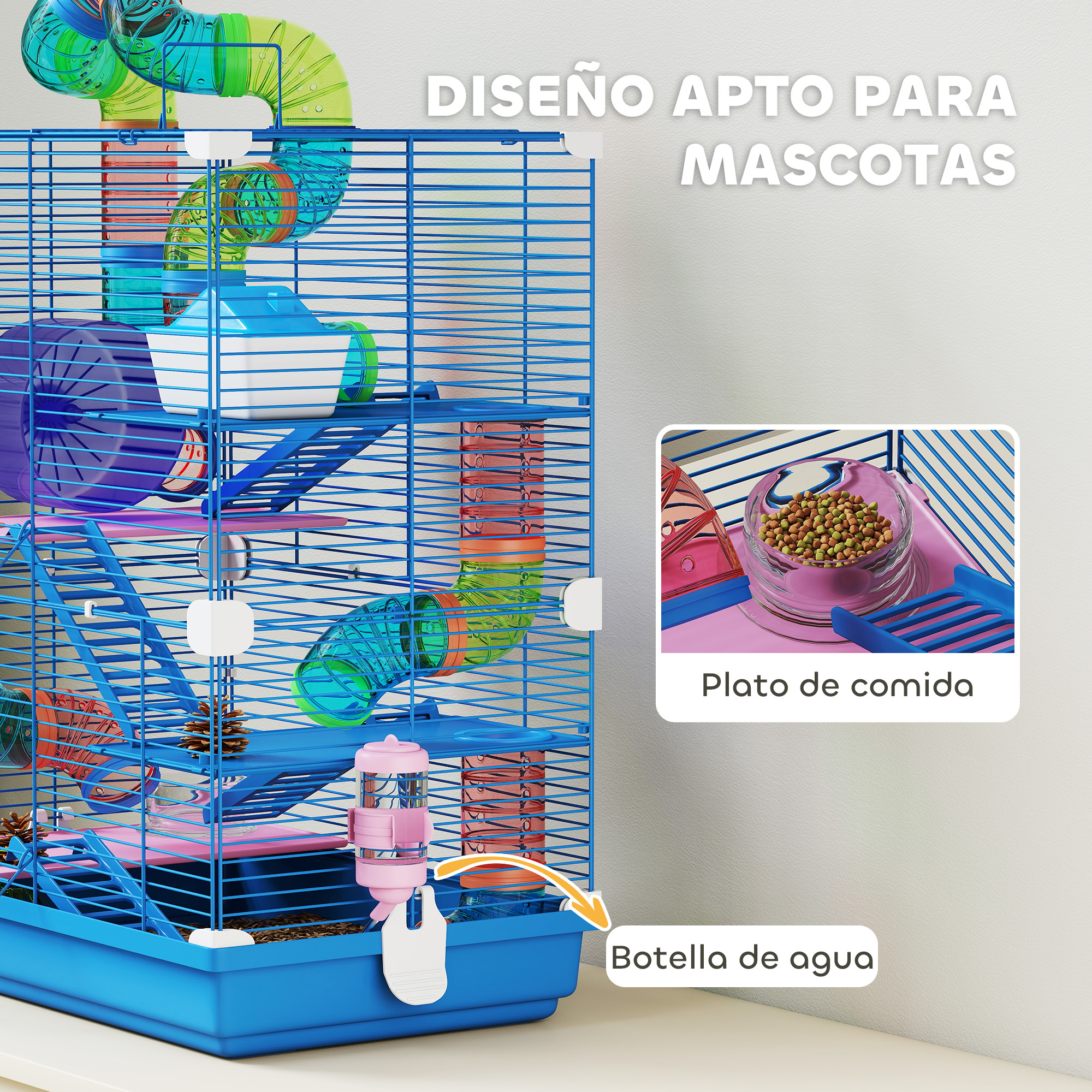 Una jaula azul para hámster de varios niveles con tubos, rueda y dispensador de agua.