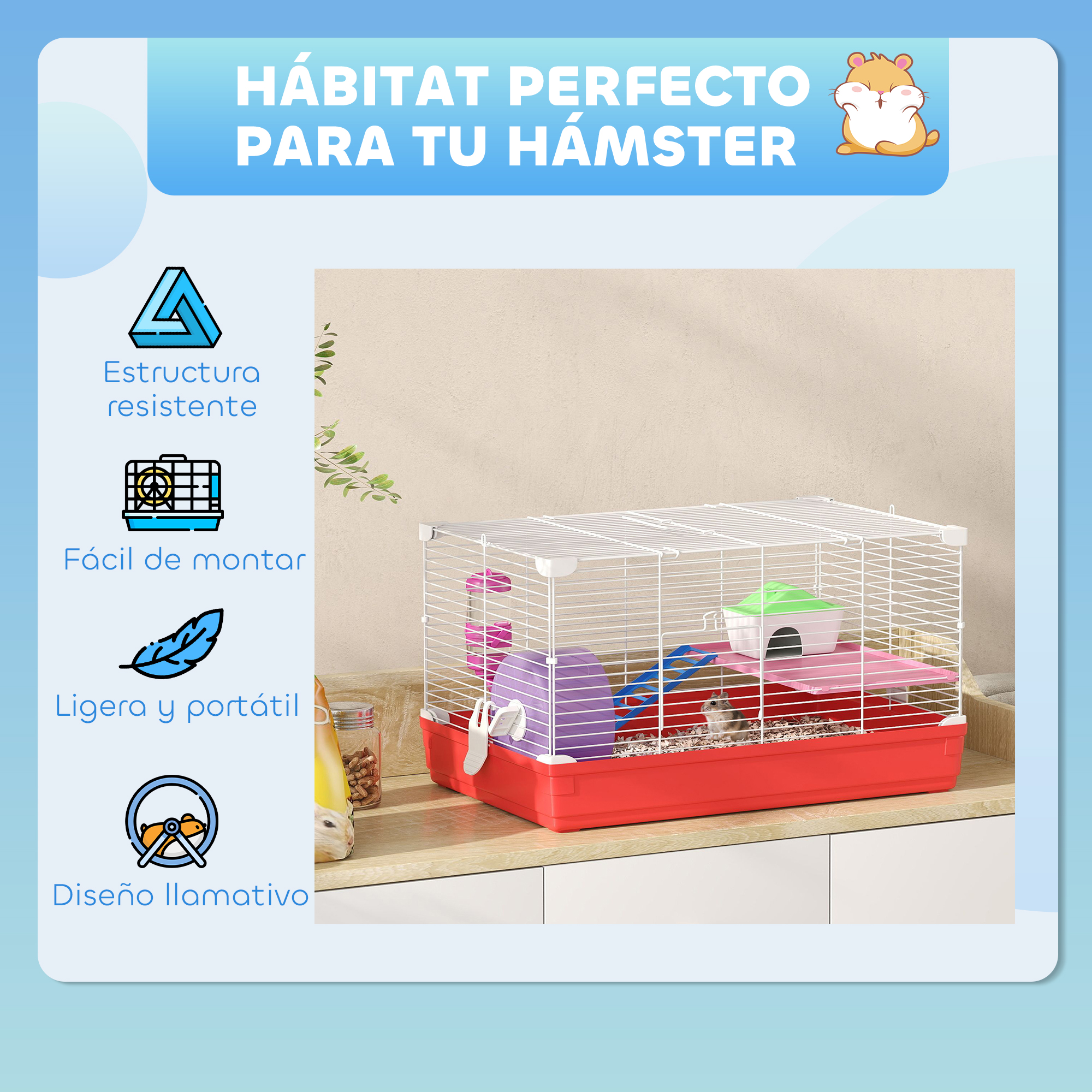 Una jaula para hámster con accesorios sobre una mesa. El titular dice hábitat perfecto para tu hámster.