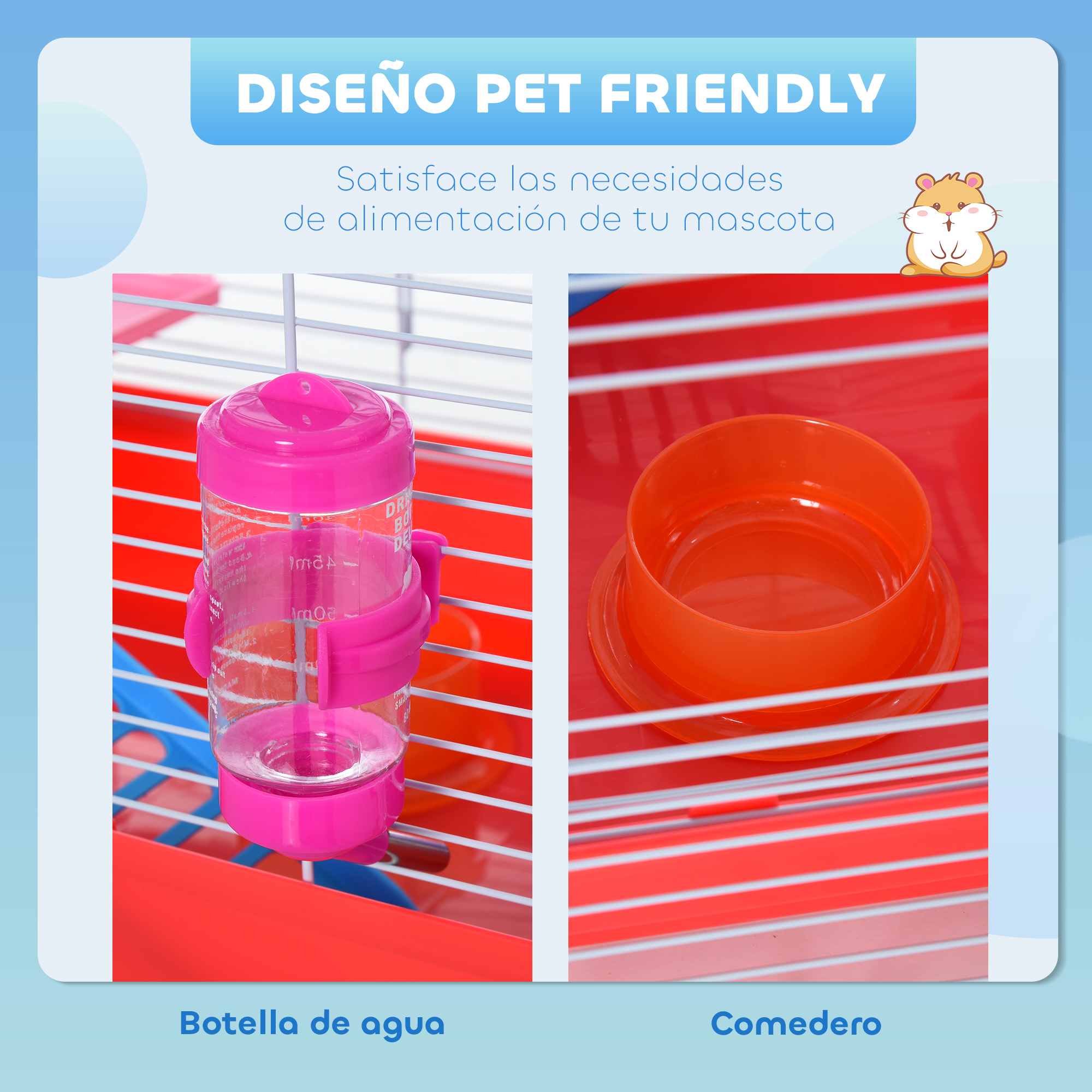 Una botella de agua rosa y un cuenco de comida naranja en una jaula roja.