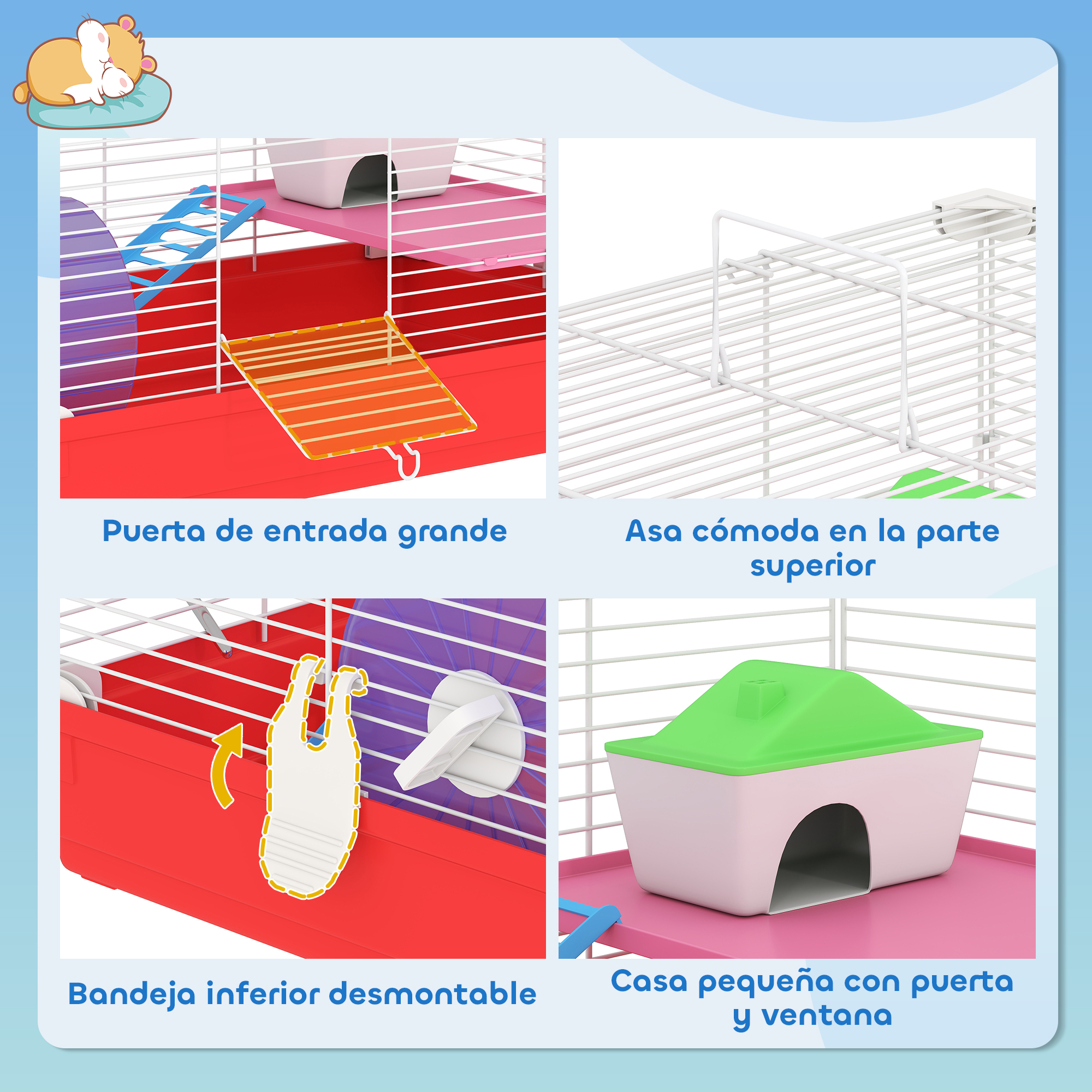 Una jaula para hámster de varios niveles con rampas, rueda y casa.