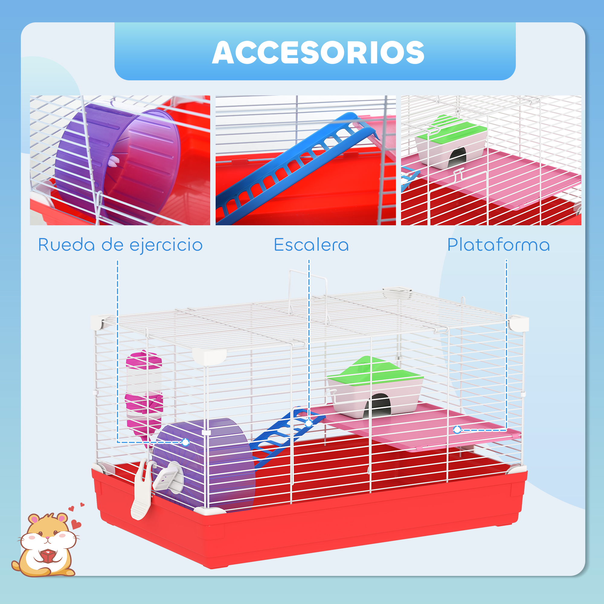 Una jaula para hámster con accesorios: rueda, escalera, casa y plataformas.