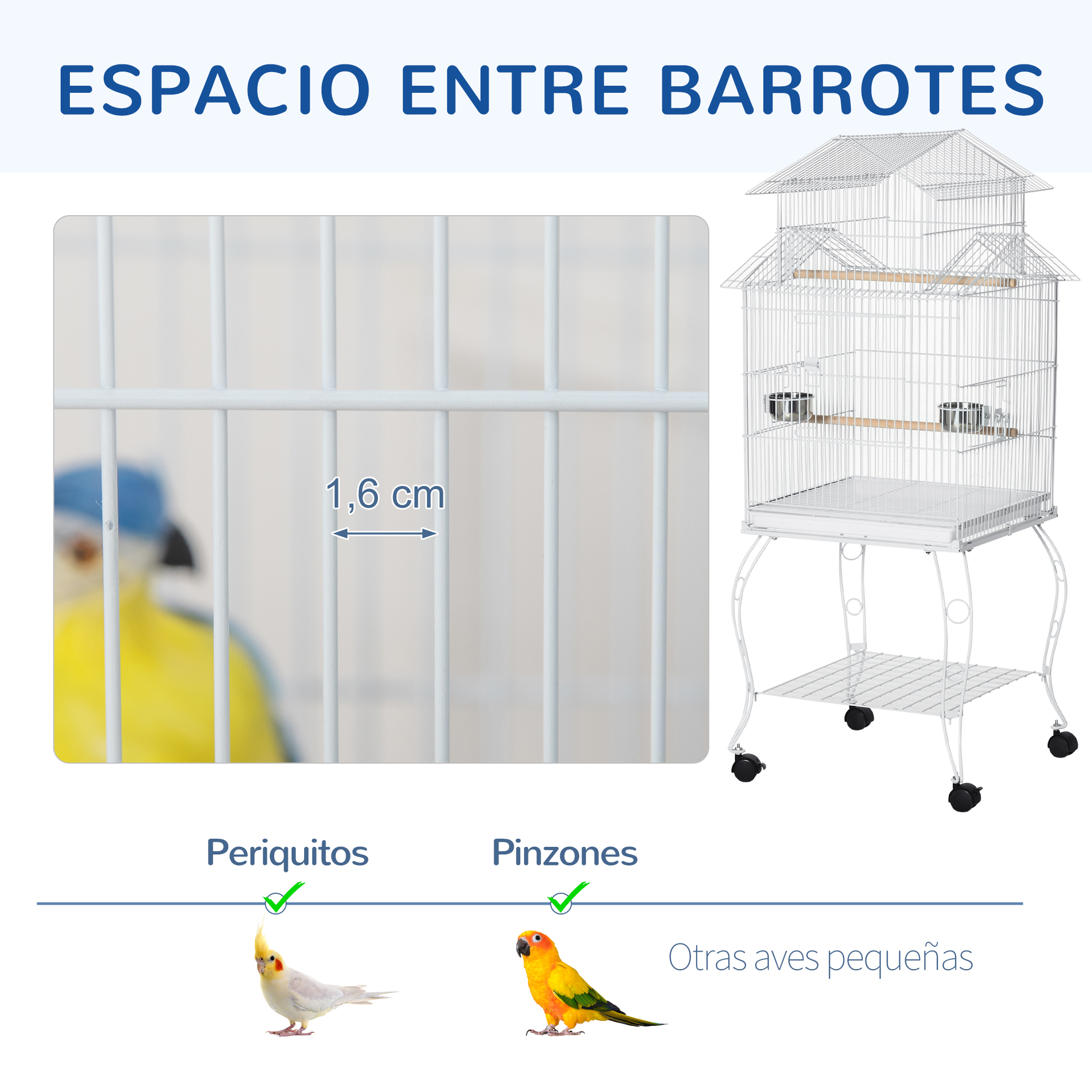 Una jaula blanca para pájaros con ruedas y dos pájaros debajo. Espacio entre barrotes 1,6 cm.