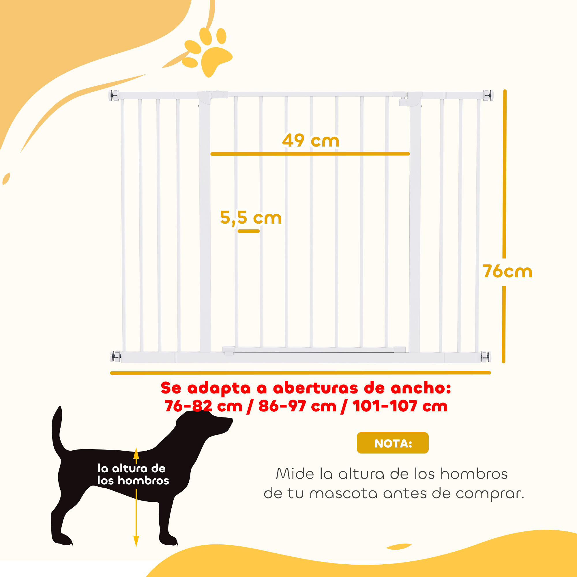 Una puerta blanca para mascotas de 76 cm de alto, 49 cm de ancho.