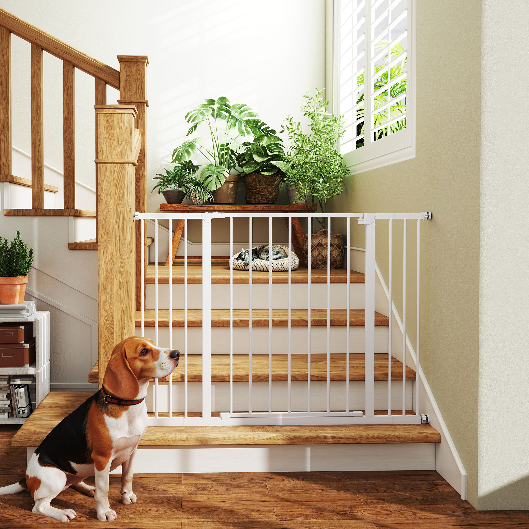 Beagle se sienta ante barrera de escaleras con plantas y gato durmiendo.