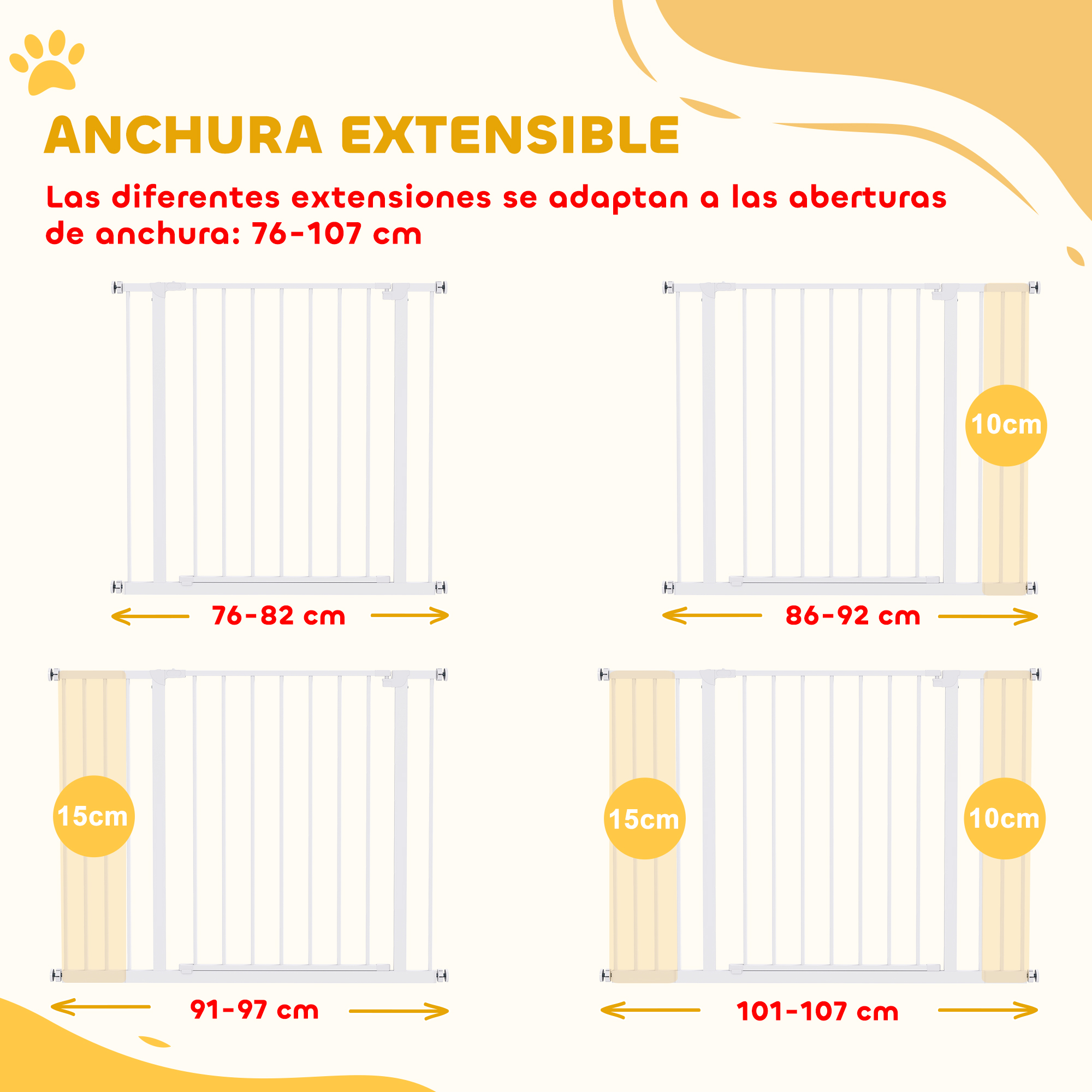 Puertas de seguridad blancas con extensiones para anchos de 76-107 cm.