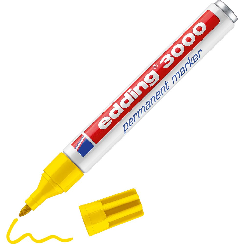 Gelber Edding 3000 Permanentmarker mit Kappe und geschriebener Linie.