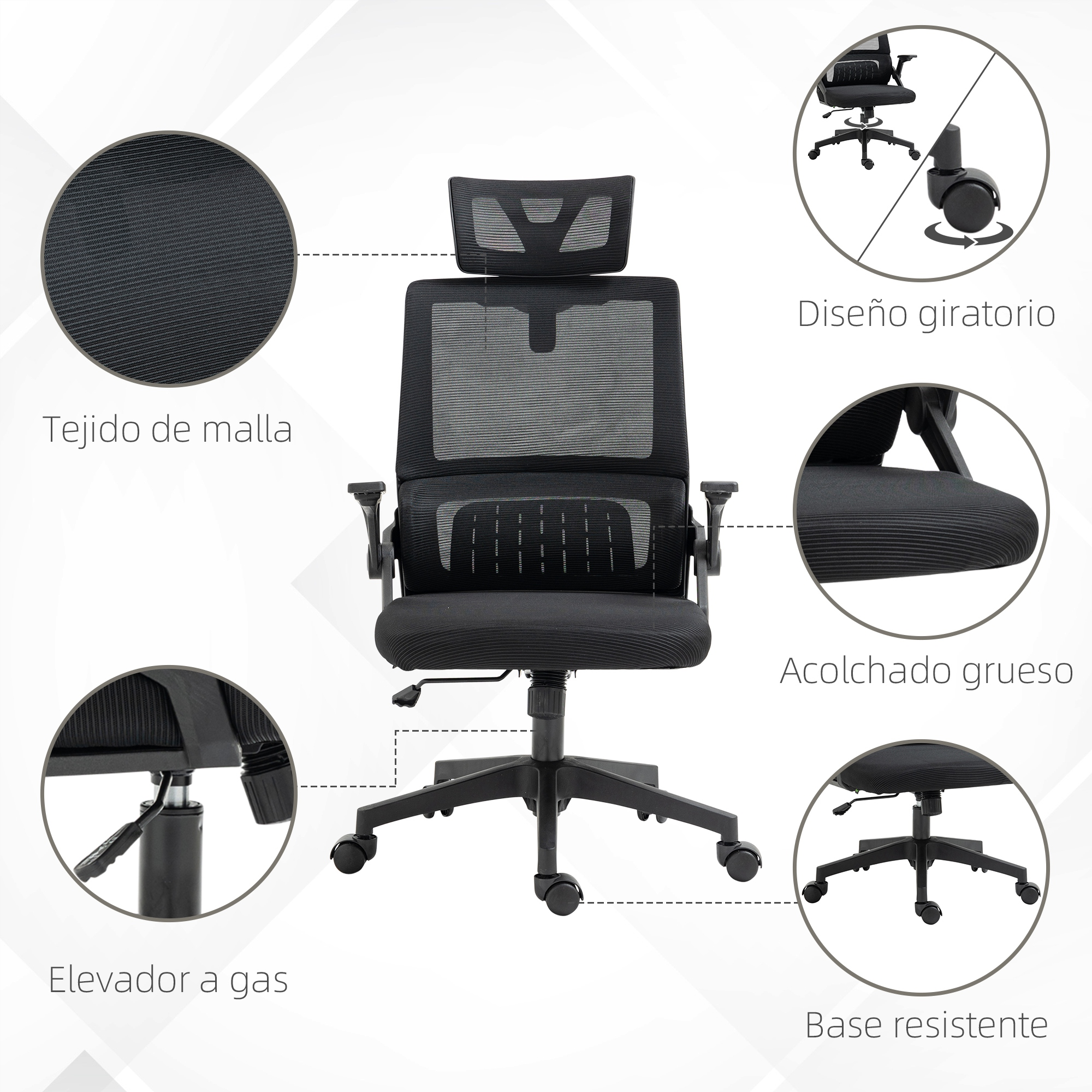 Silla de oficina ergonómica negra con respaldo de malla, reposacabezas y elevador de gas. Detalles muestran malla, acolchado y ruedas.