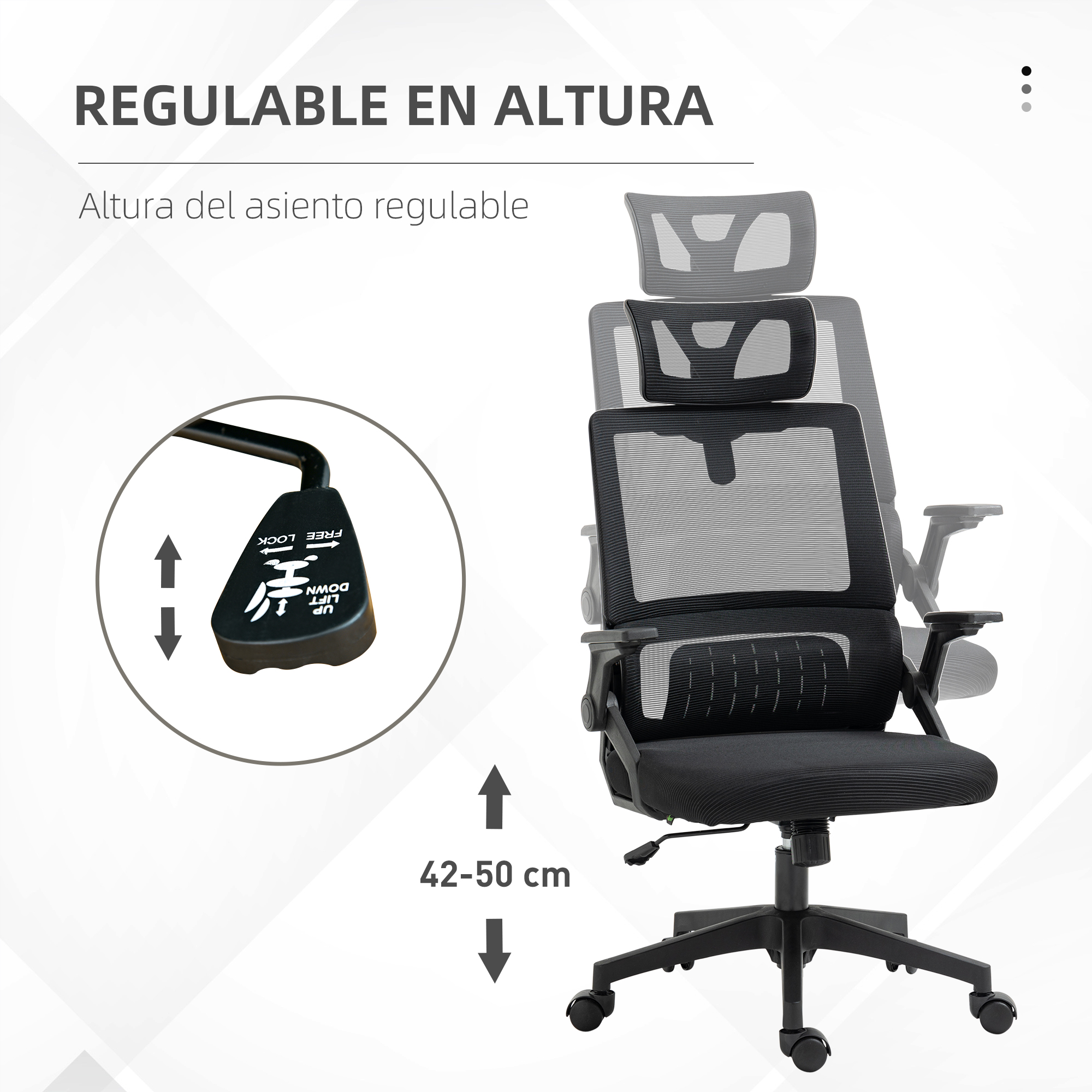 Silla de oficina negra con altura de asiento regulable (42-50 cm) y palanca.