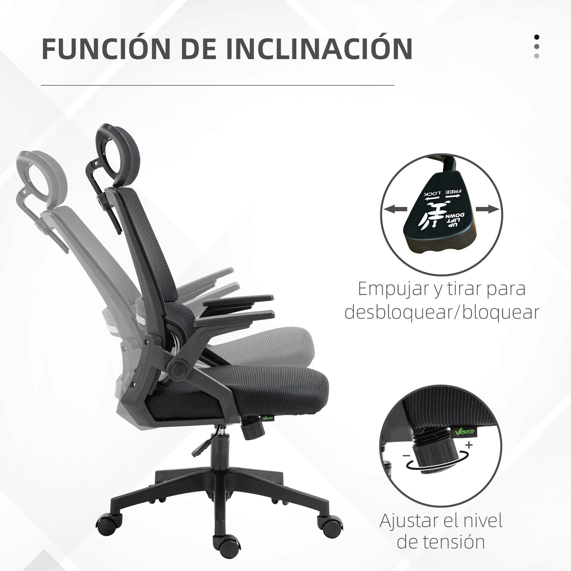 Silla de oficina negra con función de inclinación y palancas.