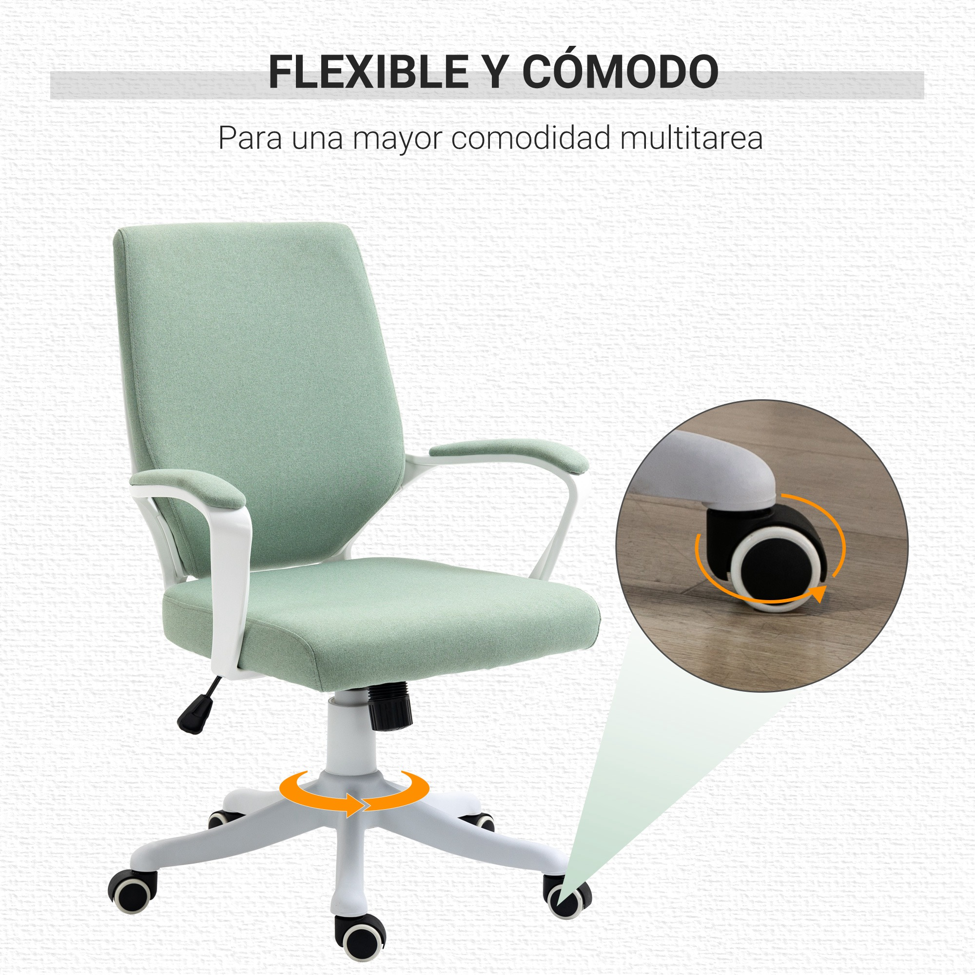 Silla de oficina verde menta con base y ruedas blancas.