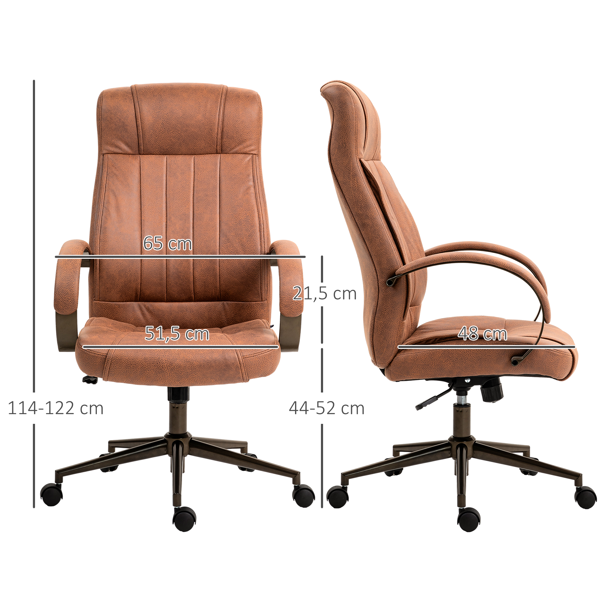Silla de oficina marrón con ruedas y medidas.