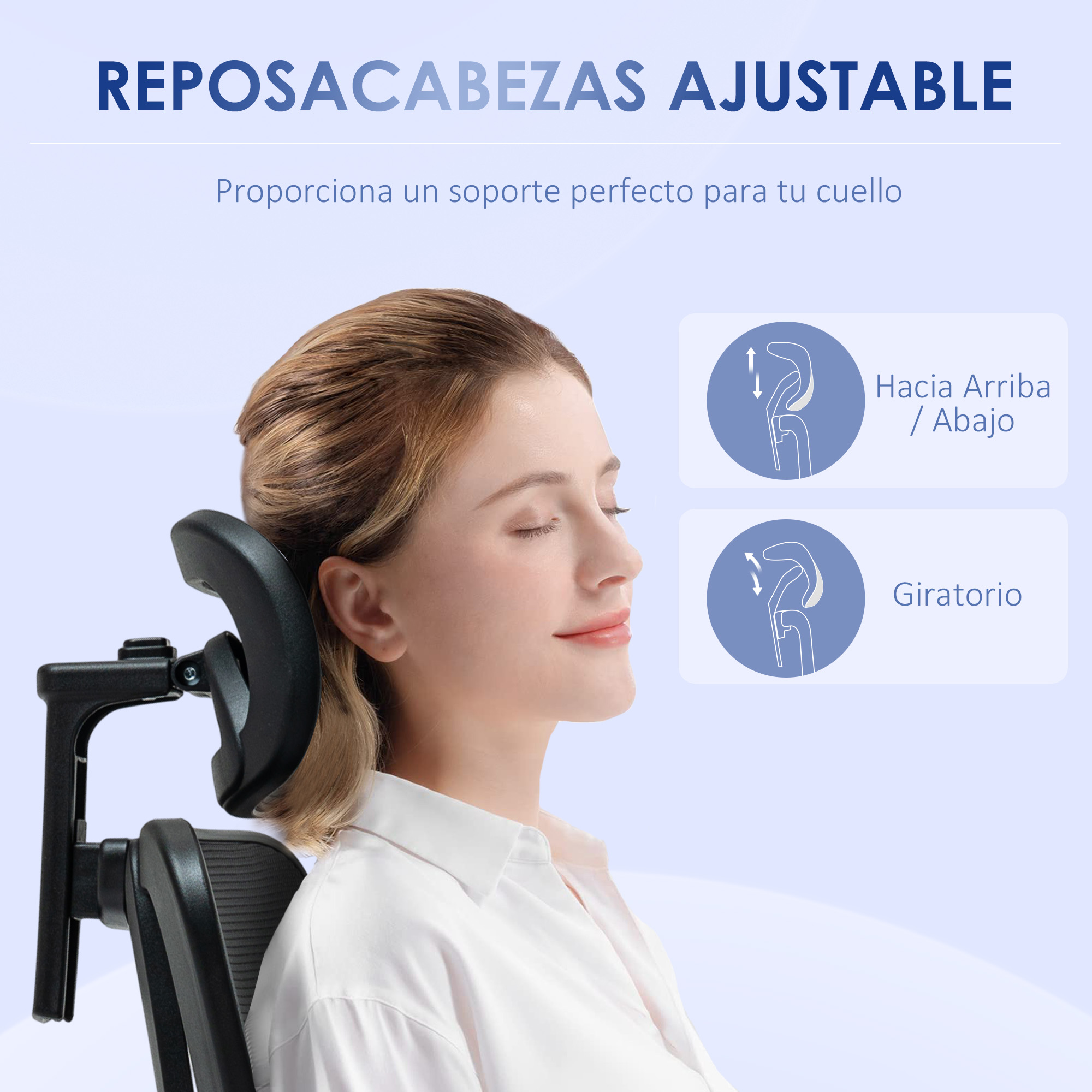 Mujer con reposacabezas, indicadores de arriba/abajo y giro.