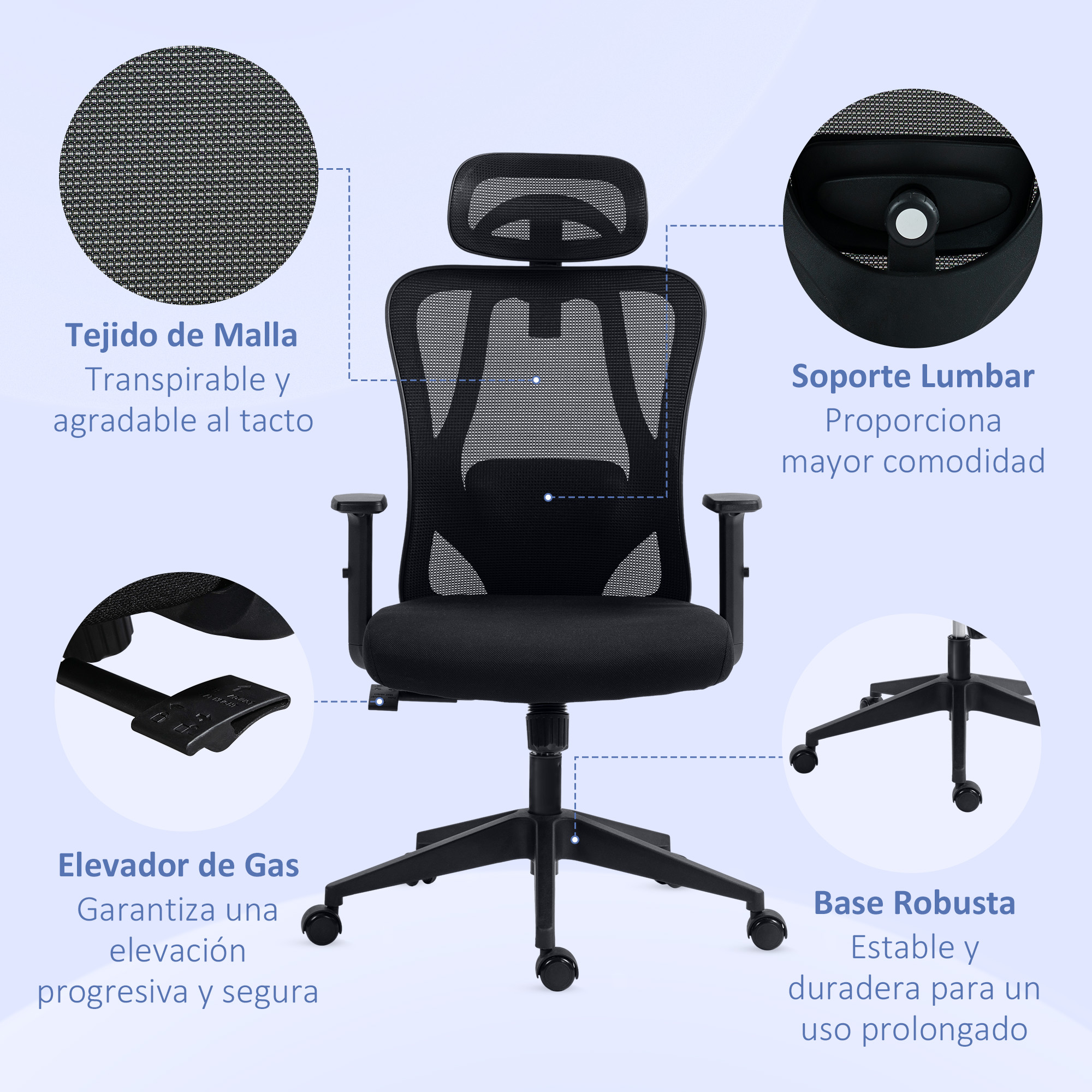 Una silla de oficina negra con respaldo de malla, reposacabezas y brazos.