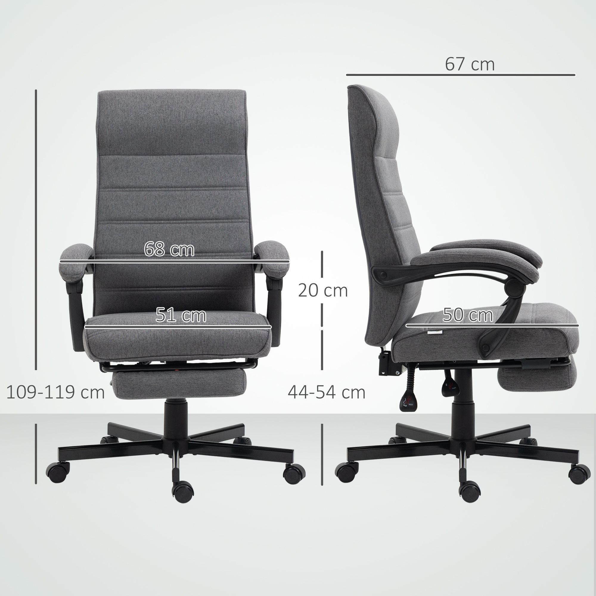 Silla de oficina gris con ruedas y respaldo ajustable, se muestran dimensiones.