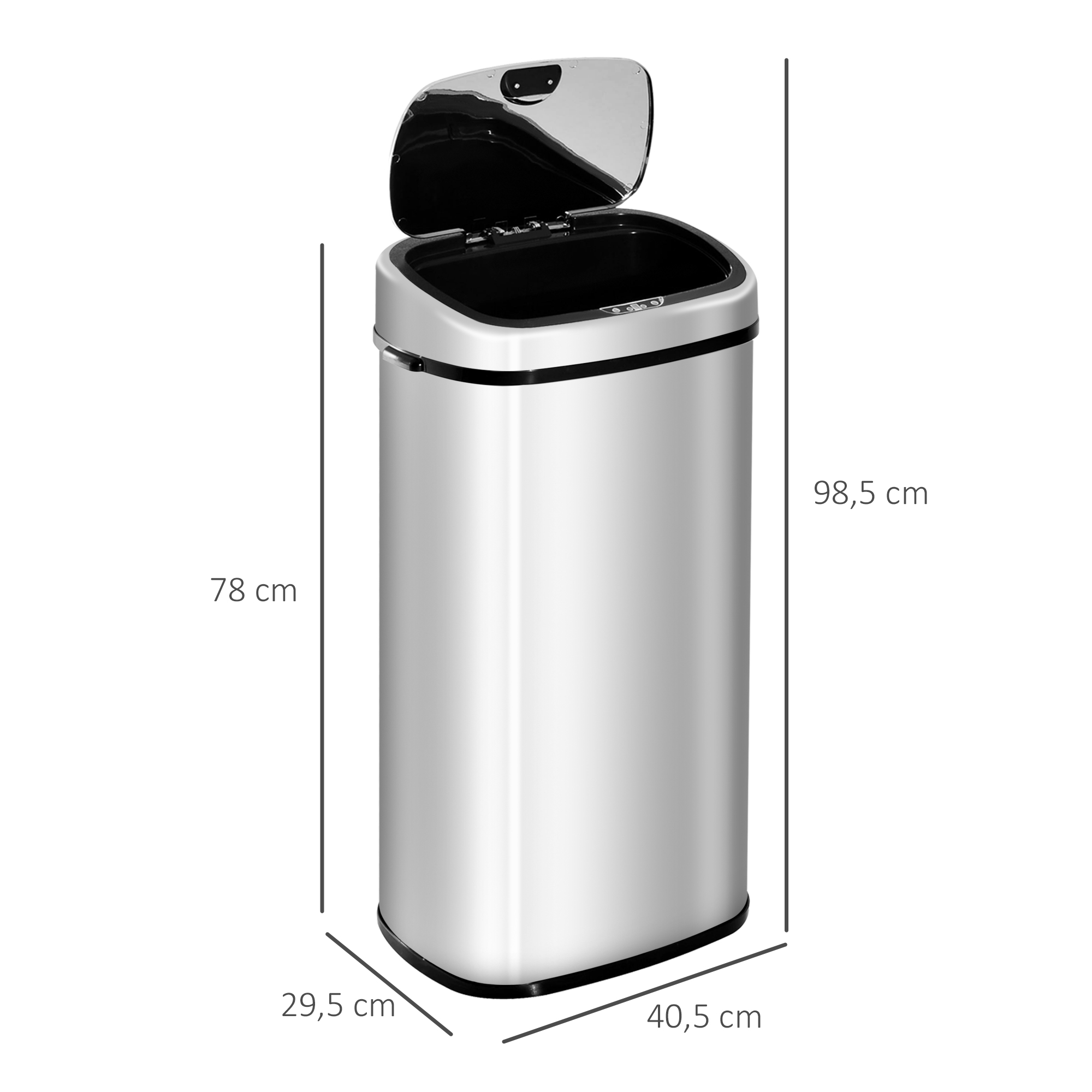 Un cubo de basura plateado con la tapa abierta. Se indican las dimensiones.