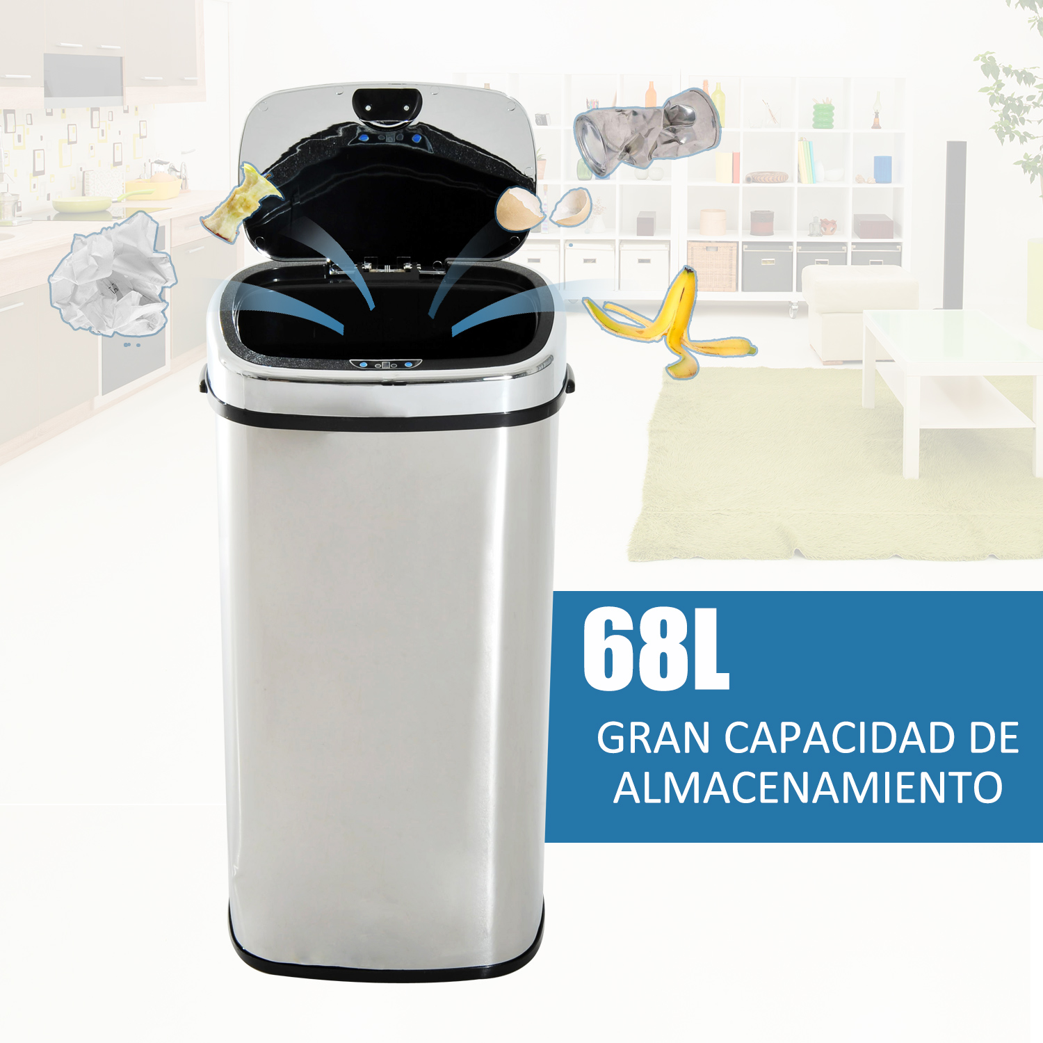 Un cubo de basura plateado con tapa abierta, basura volando. Capacidad 68L.