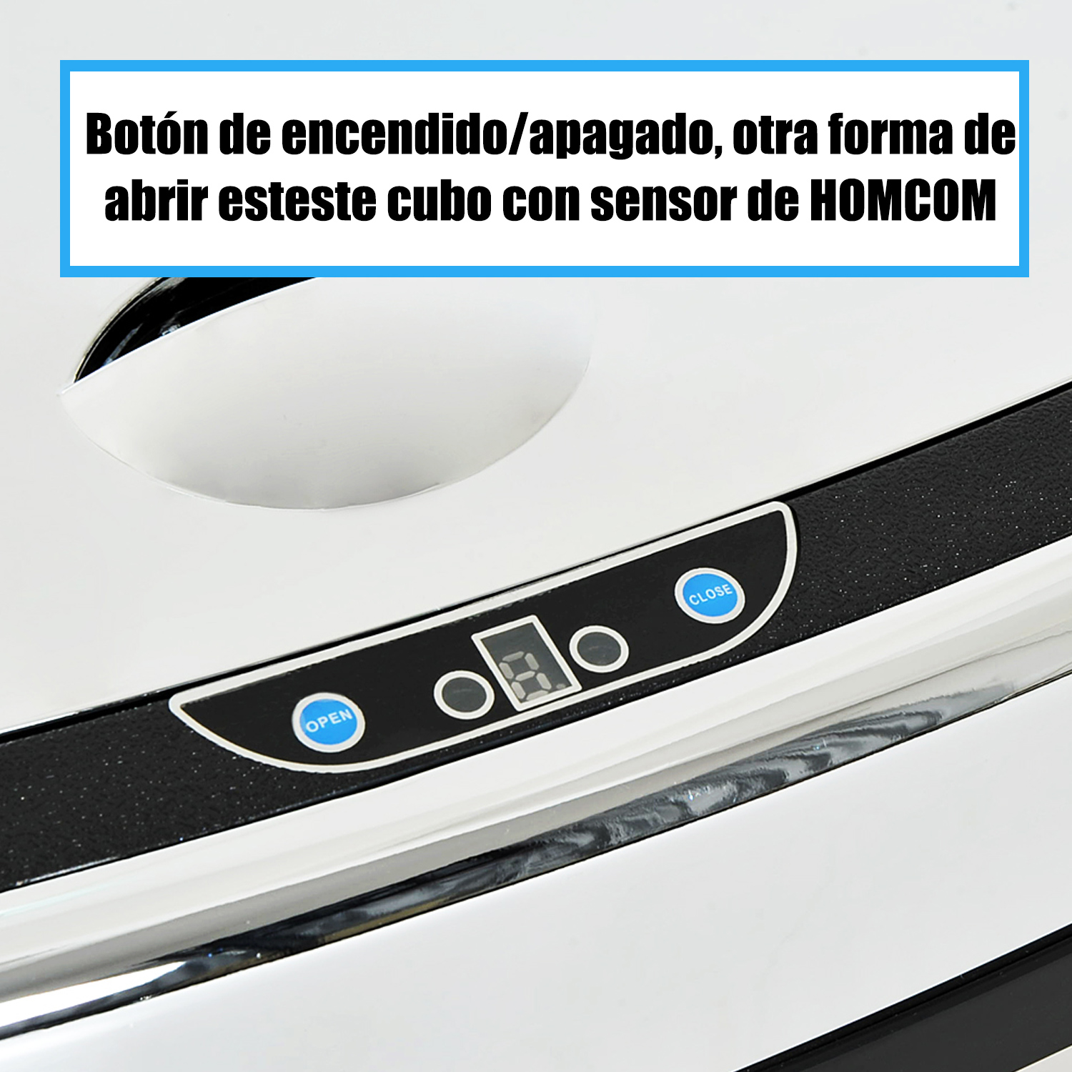 Primer plano de una papelera con sensor, botones OPEN y CLOSE.