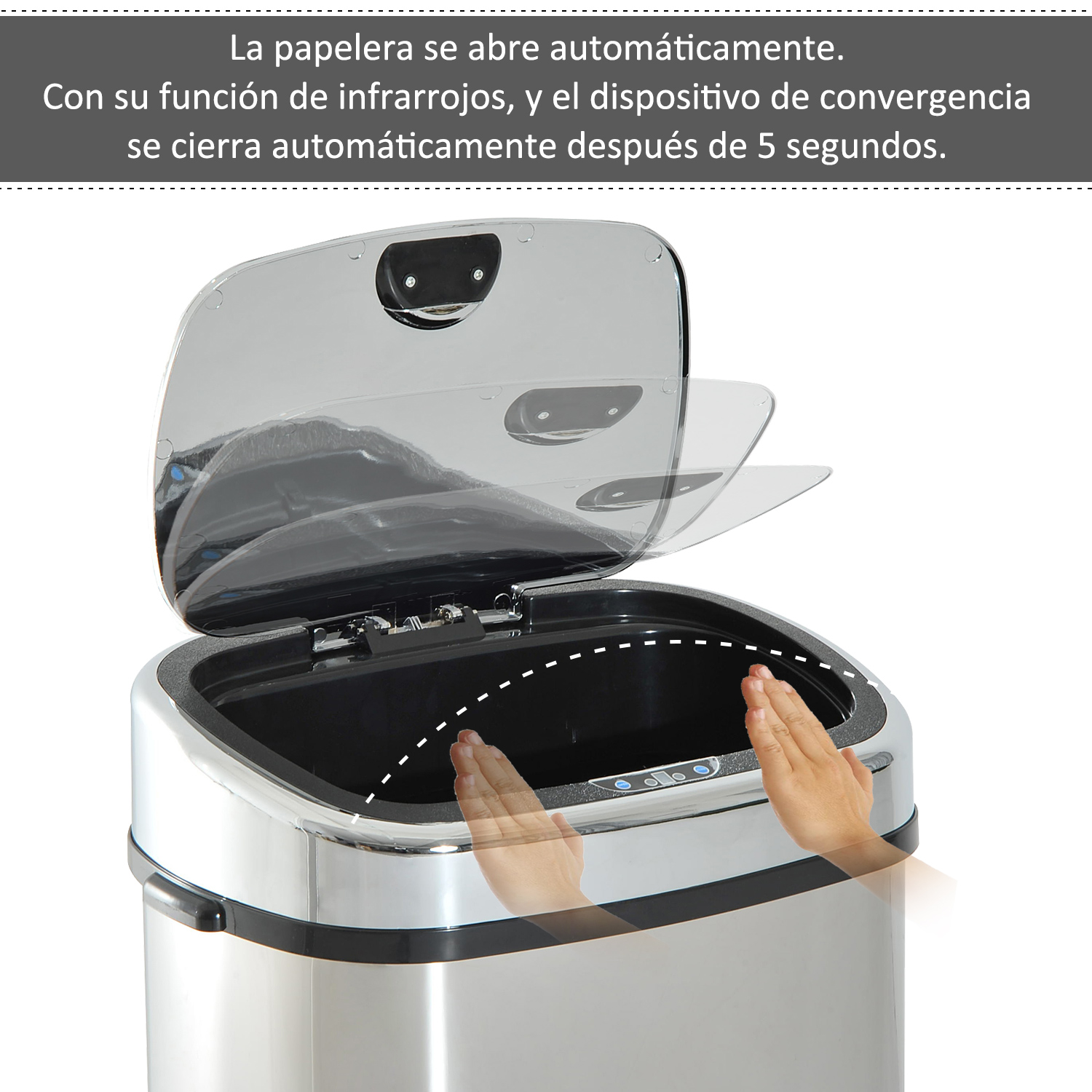 Una mano se acerca a un cubo de basura plateado con tapa abierta.