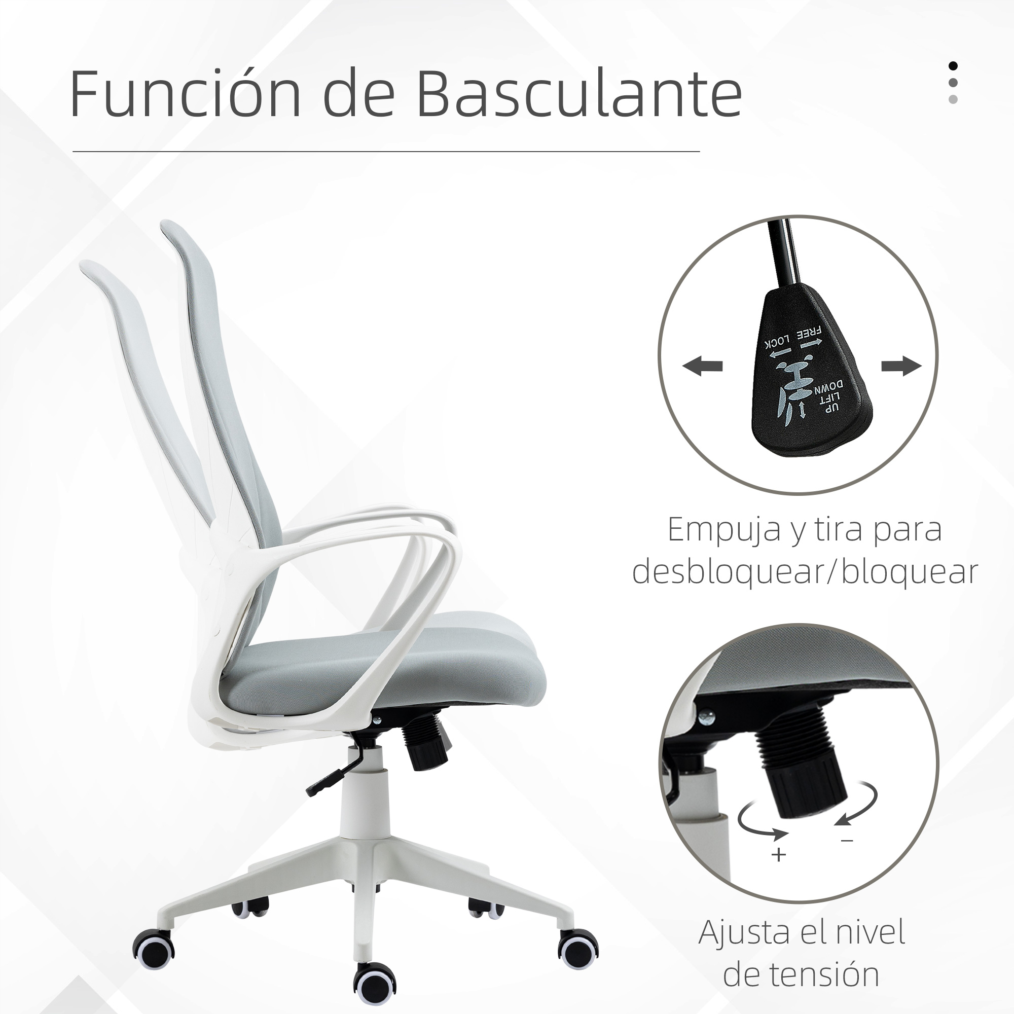 Silla de oficina blanca con función de inclinación y botón de tensión.
