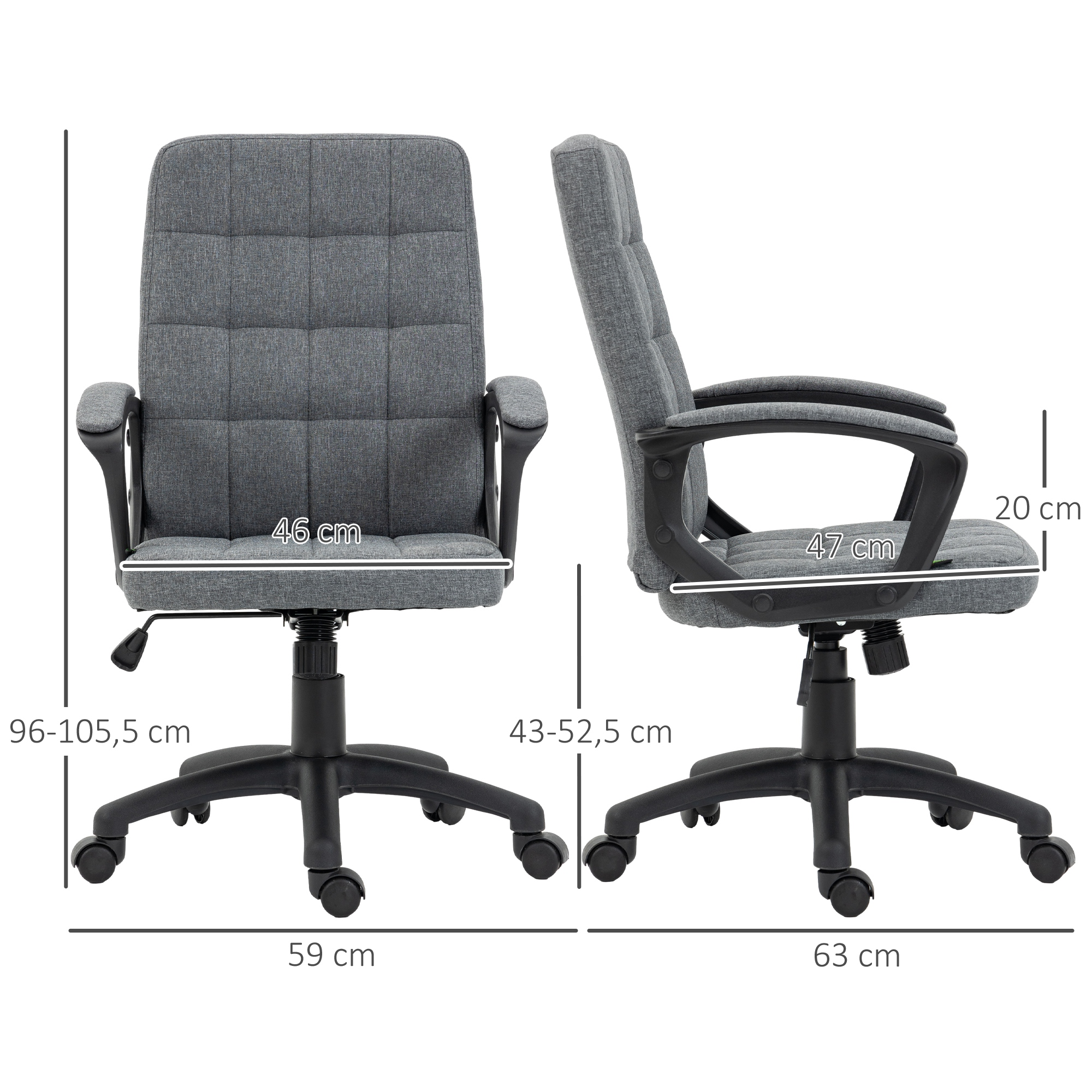 Silla de oficina gris con dimensiones de altura, ancho y altura total.