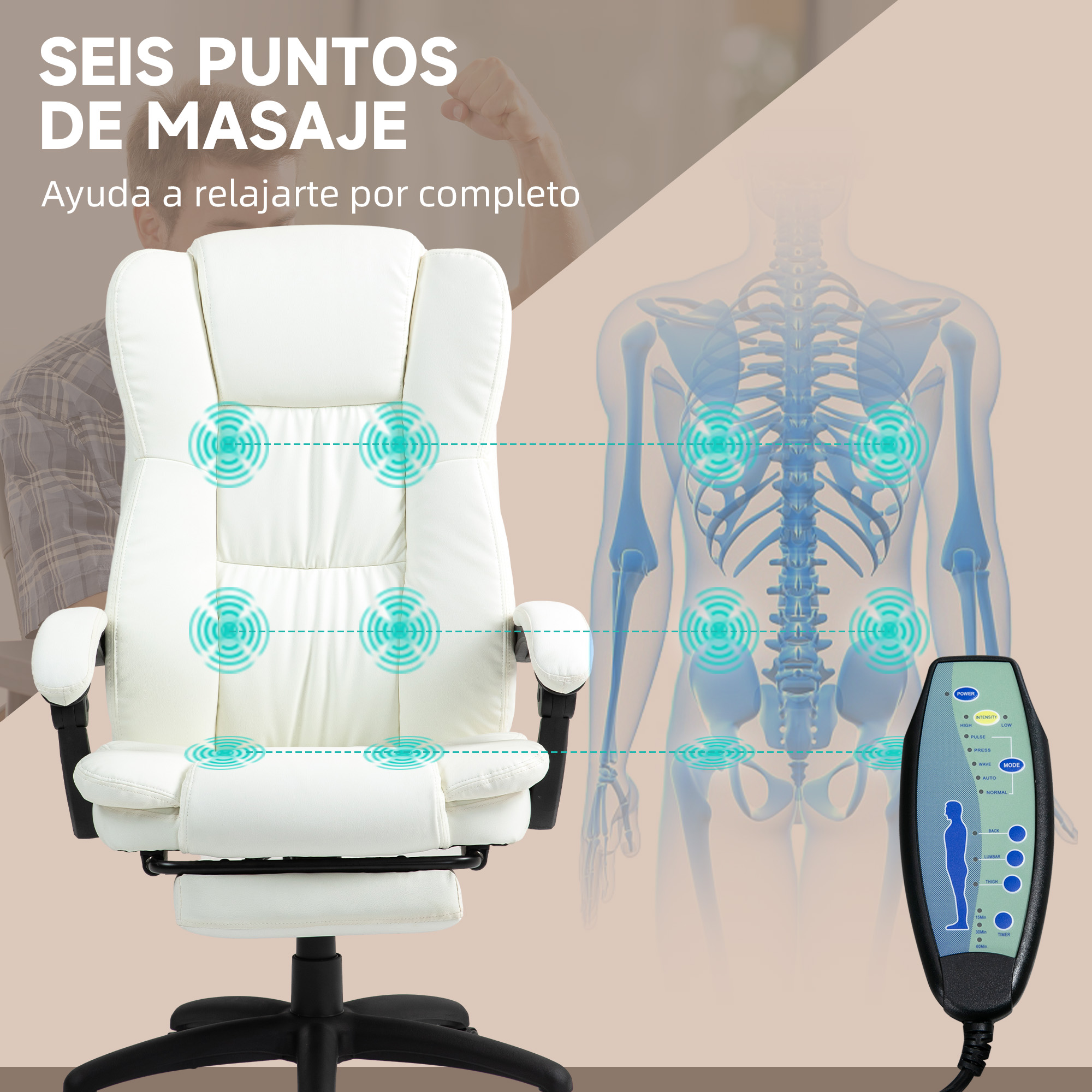 Un sillón de masaje blanco con un esqueleto superpuesto que muestra puntos de masaje.