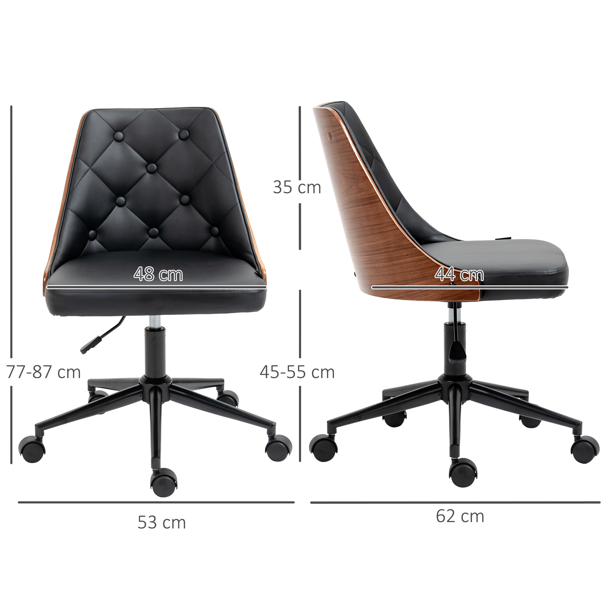 Silla de oficina negra con detalles de madera y dimensiones.