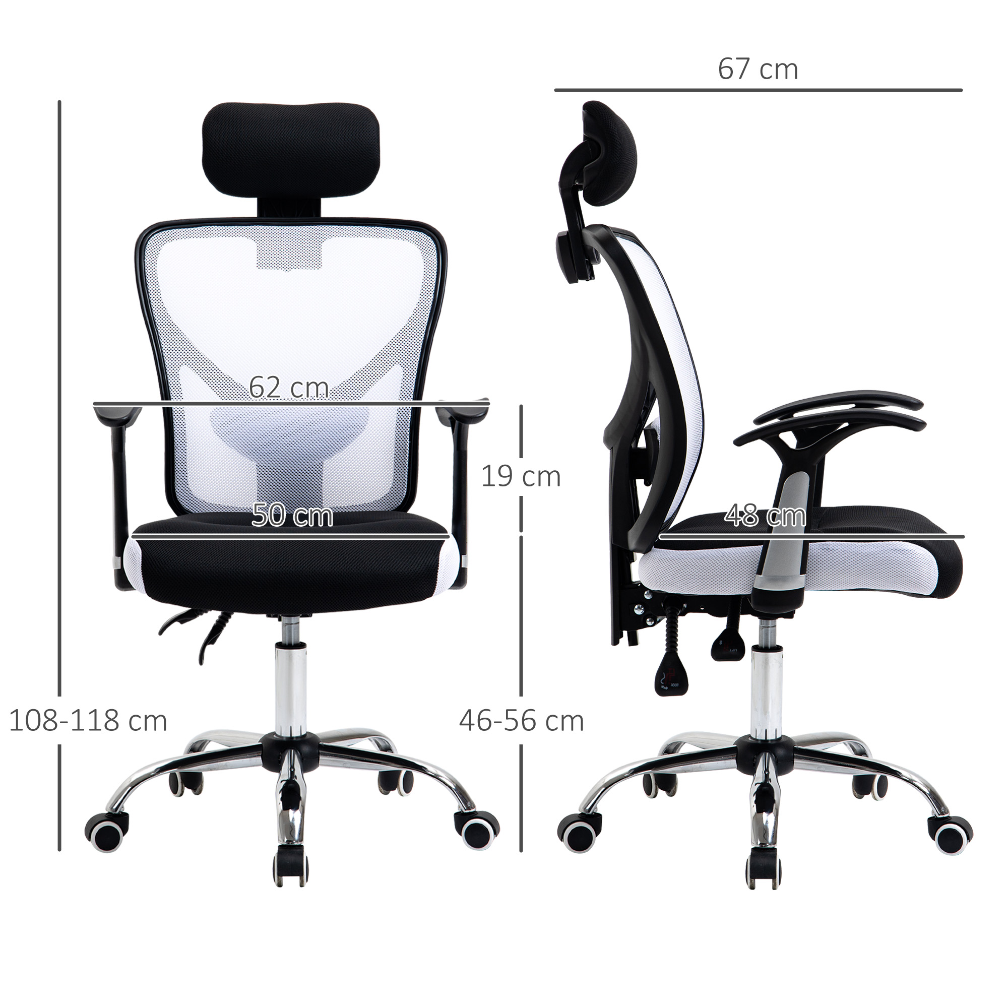 Silla de oficina negra de malla con reposacabezas, con medidas.