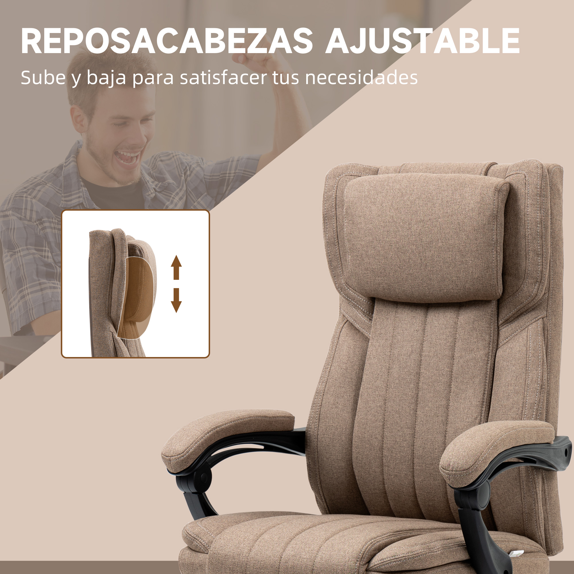 Un hombre ríe frente a una silla de oficina ajustable de tela marrón.