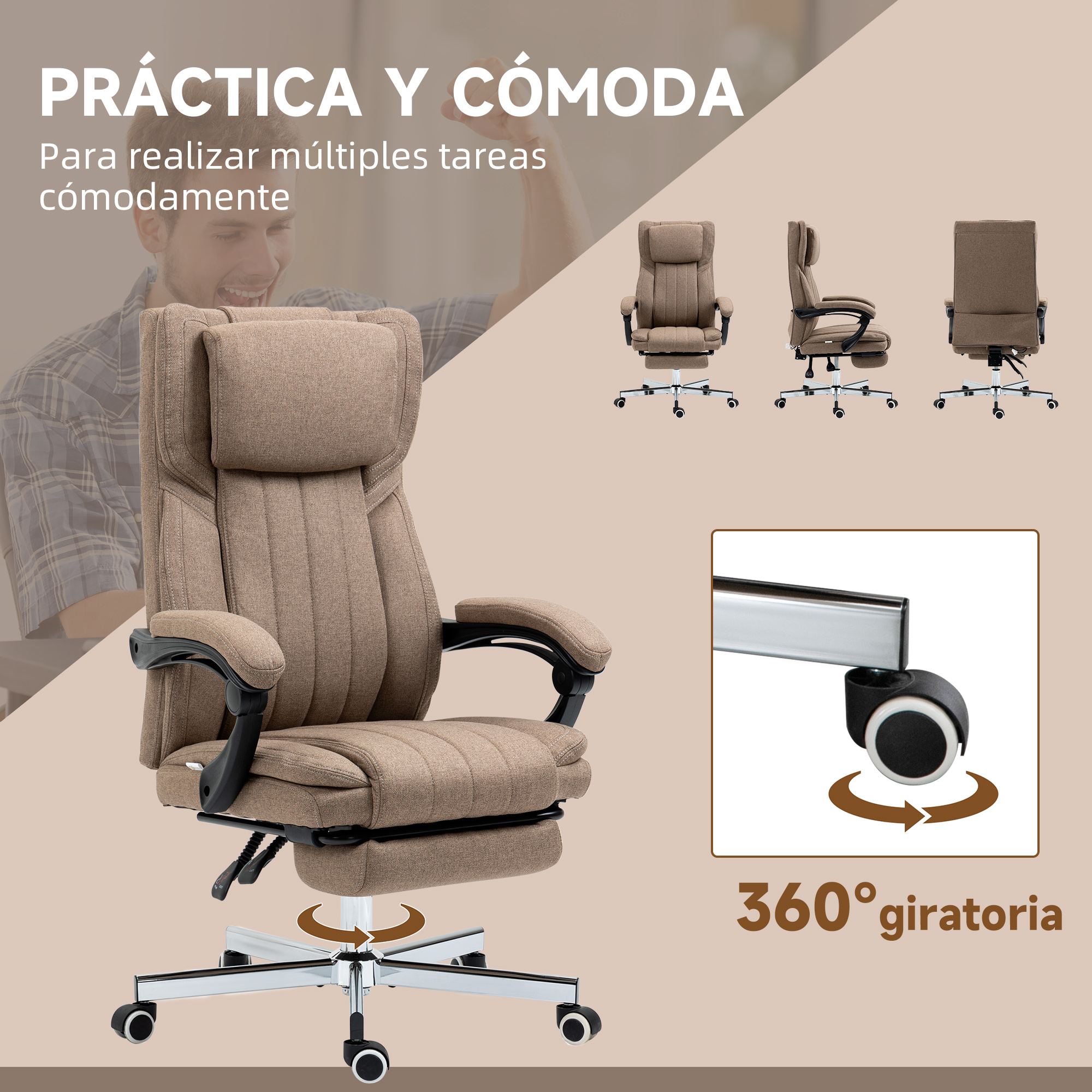 Una silla de oficina marrón con reposapiés extraíble y ruedas.