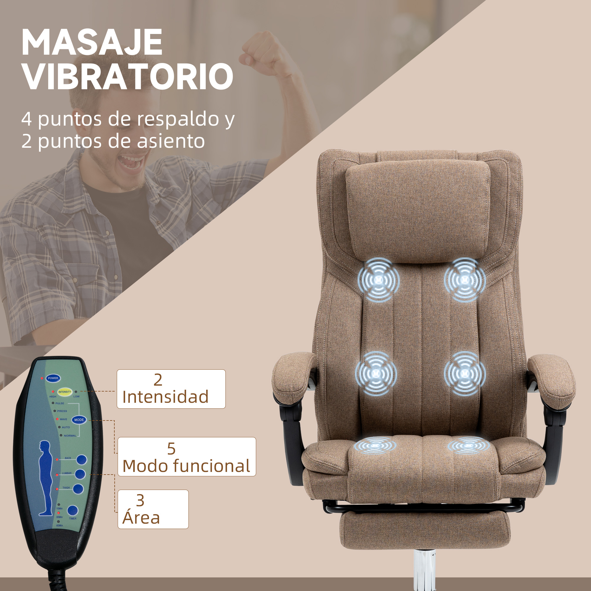 Un sillón de masaje marrón con mando y iconos de vibración.