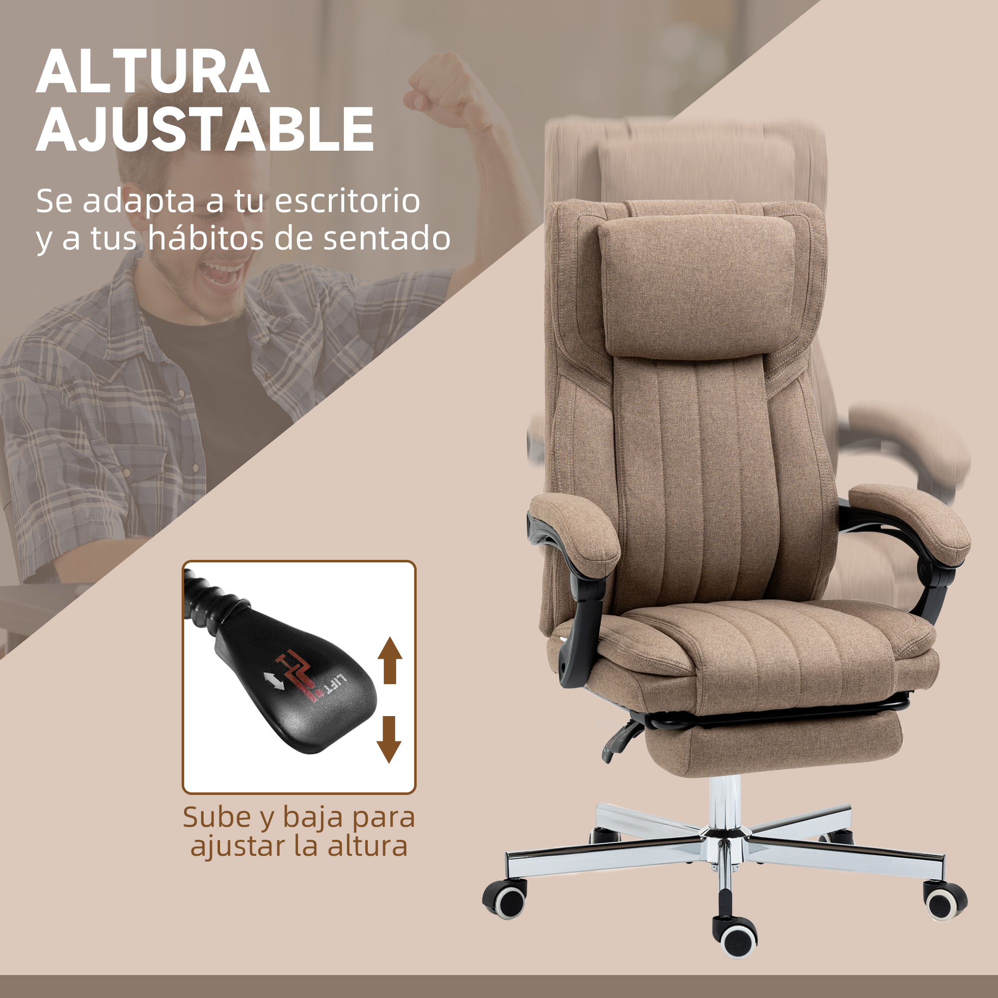 Silla de oficina marrón ajustable en altura con reposapiés. Hombre animando al fondo.