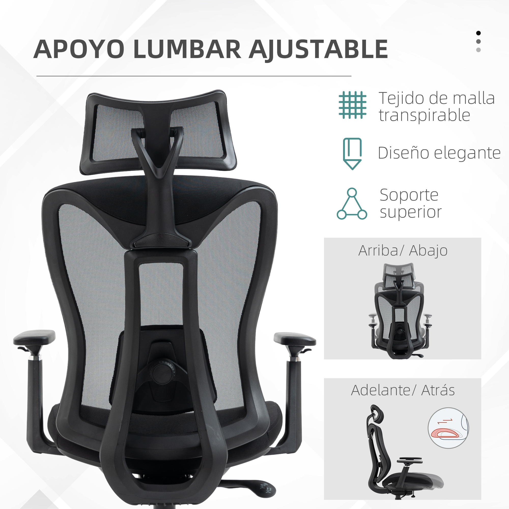 Silla de oficina de malla negra con soporte lumbar ajustable y reposabrazos.