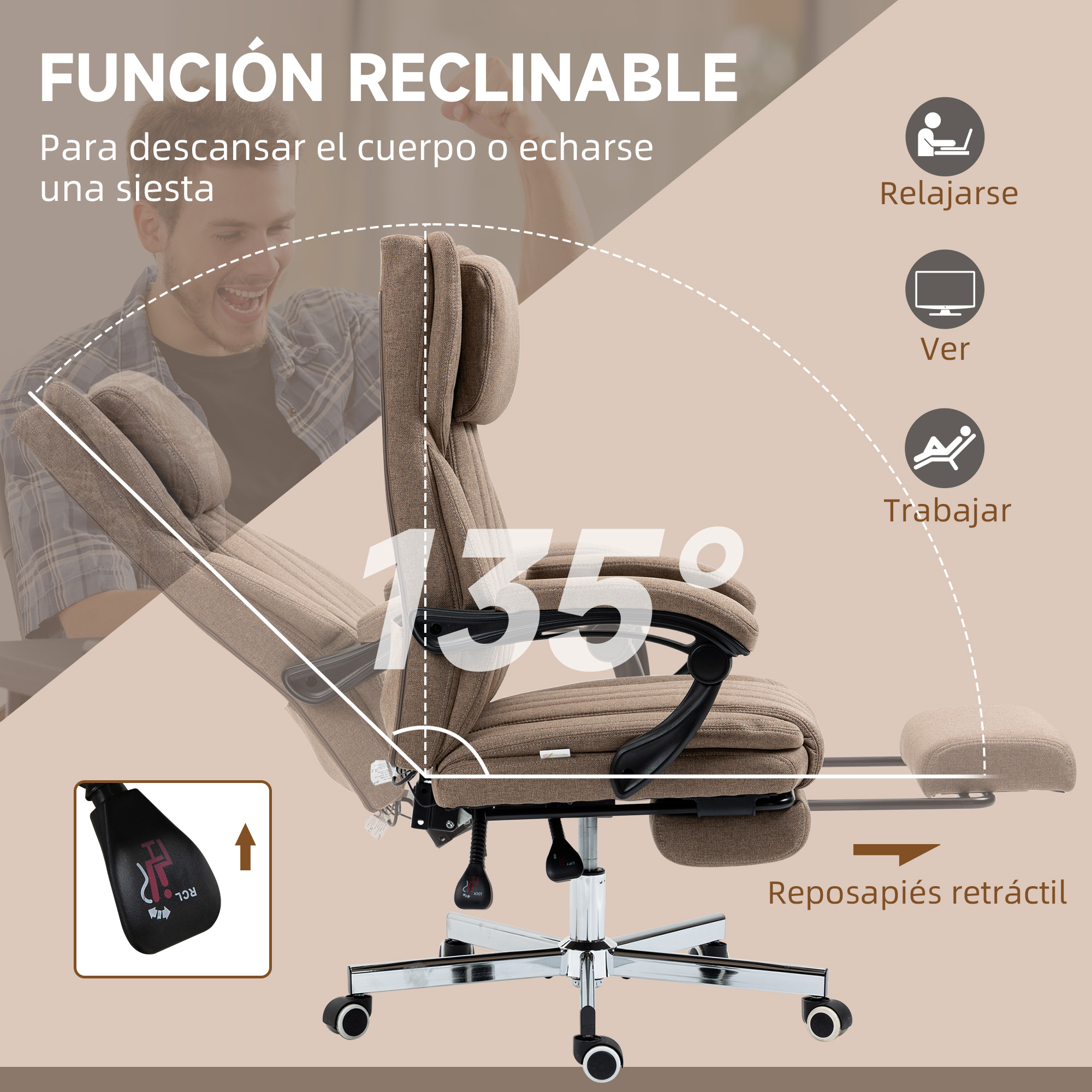 Una silla de oficina beige con reposapiés retráctil y función reclinable.