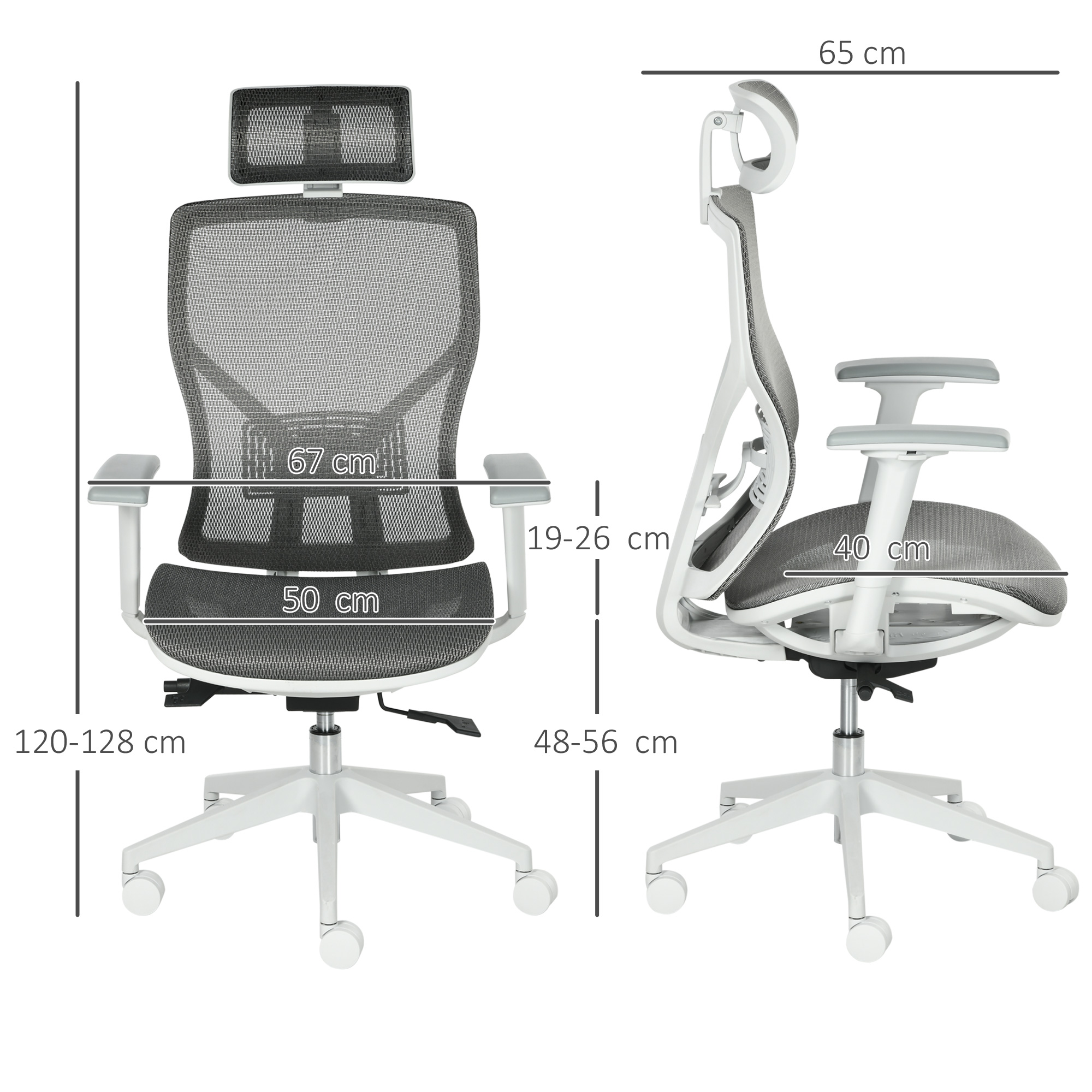 Una silla de oficina moderna con respaldo de malla y medidas ajustables.