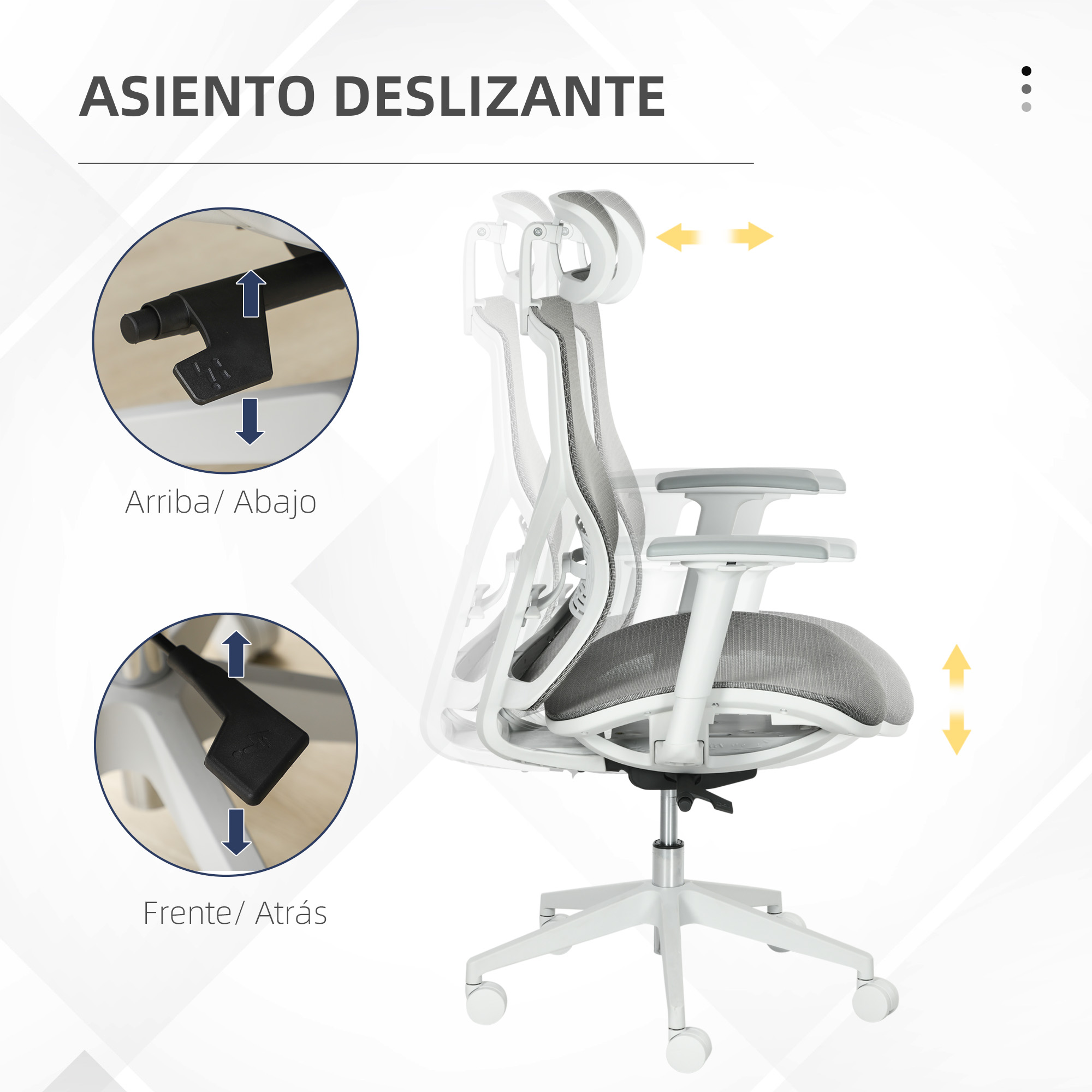 Silla de oficina blanca con respaldo y asiento ajustables. Primeros planos muestran controles.