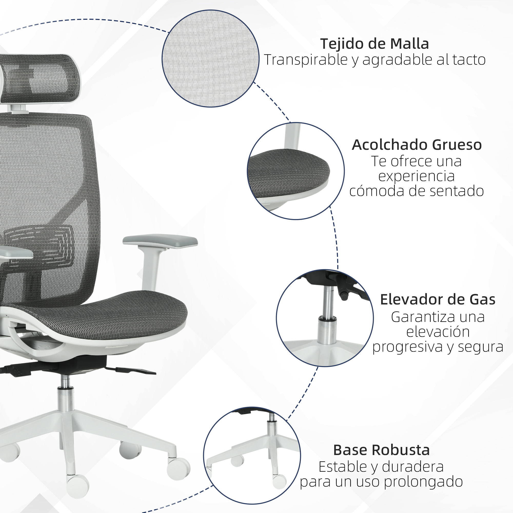 Silla de oficina gris con respaldo de malla y brazos ajustables. Detalles resaltados.
