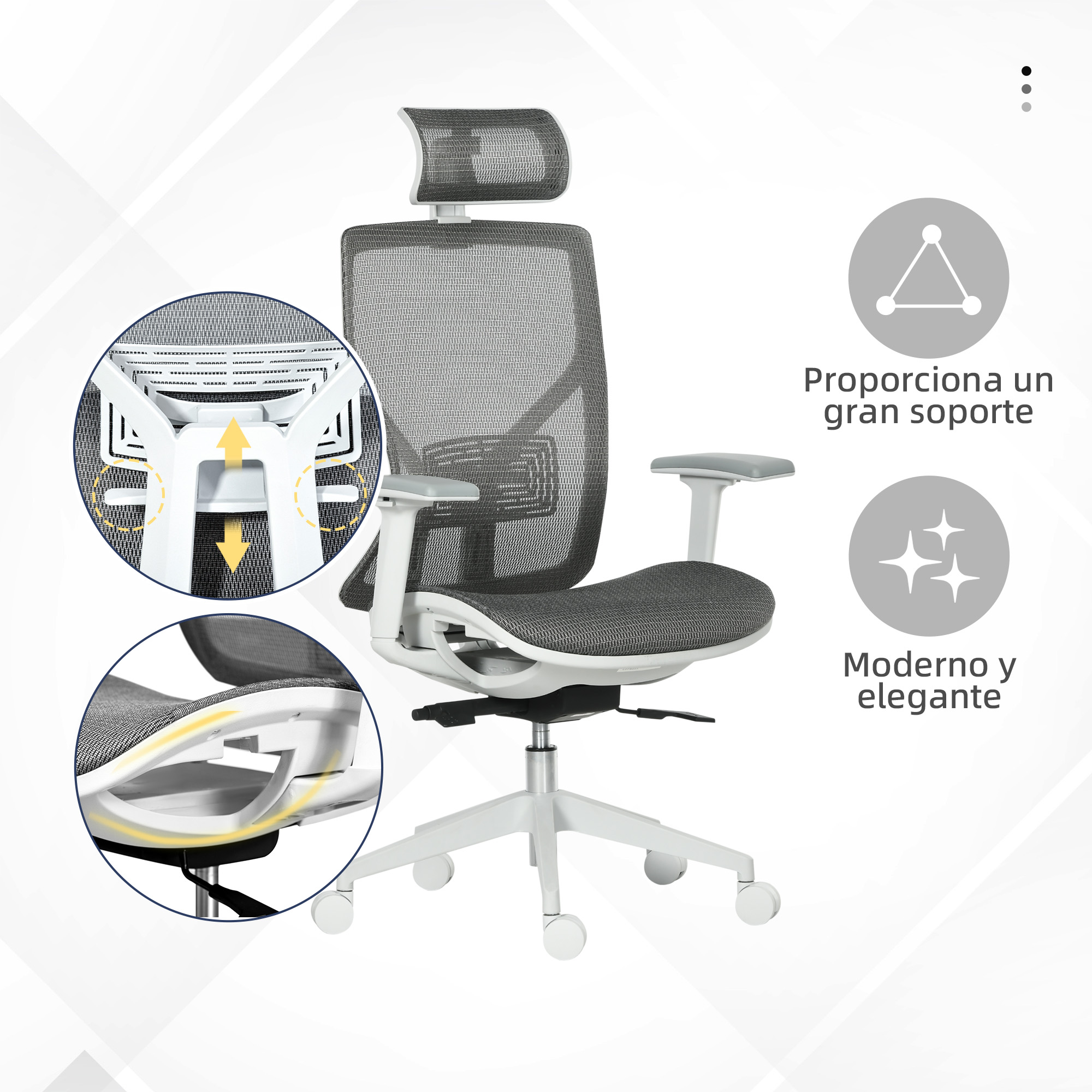 Silla de oficina moderna con respaldo de malla, reposacabezas ajustable.