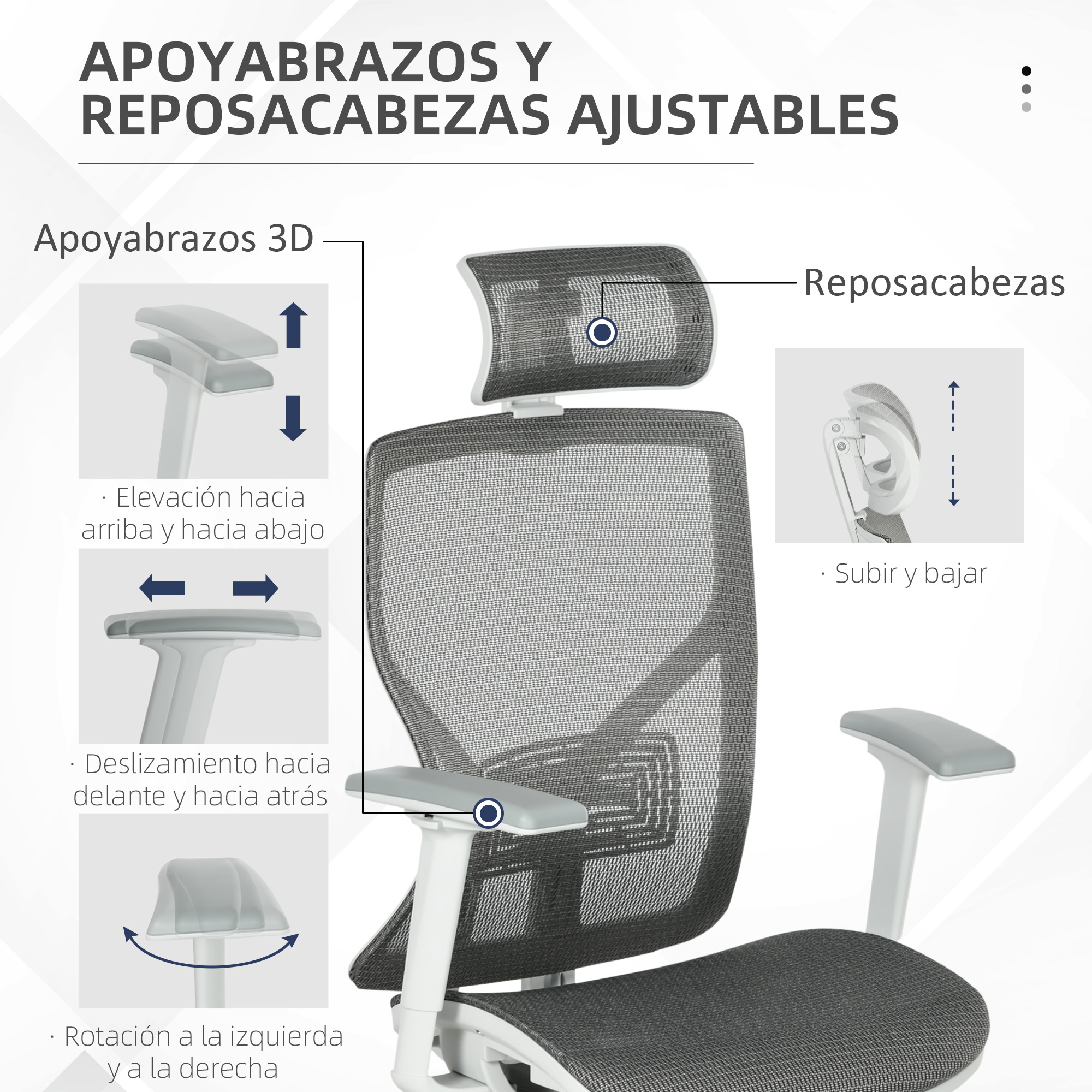 Una silla de oficina con reposabrazos y reposacabezas ajustables. Detalles muestran ajustes.