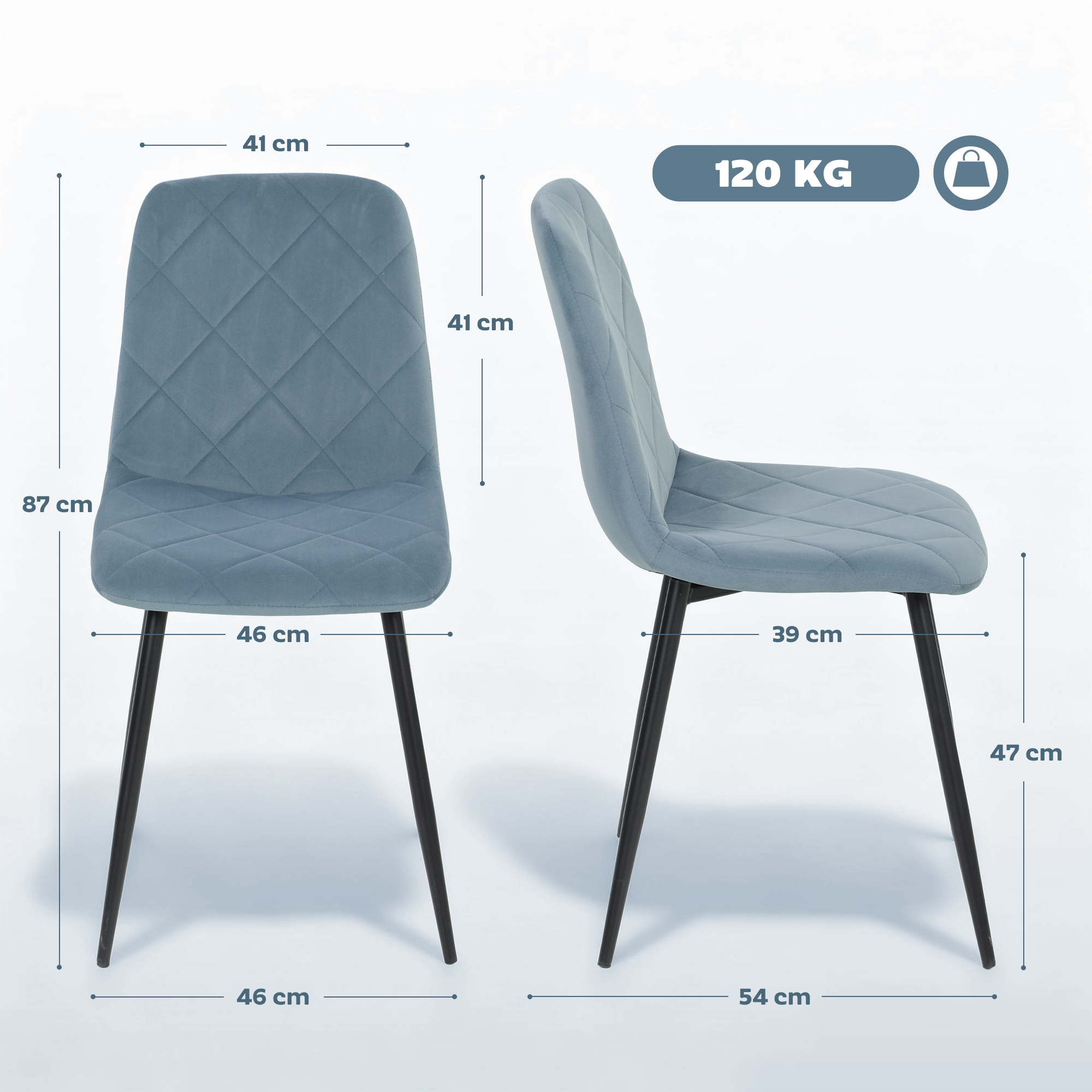 Una silla azul grisácea con asiento acolchado y patas de metal. Se muestran las dimensiones.