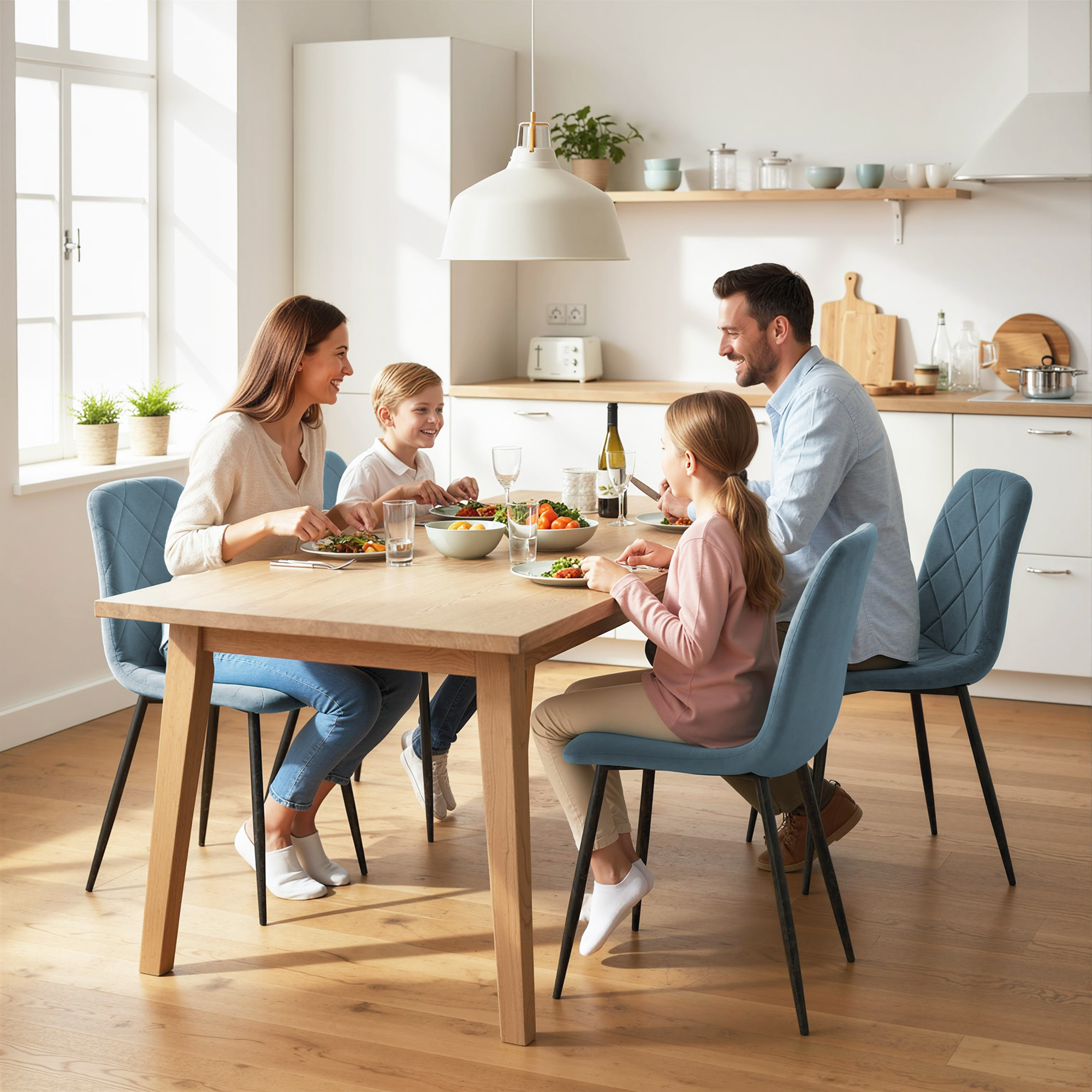 Una familia come junta en una cocina luminosa y moderna en una mesa de madera.