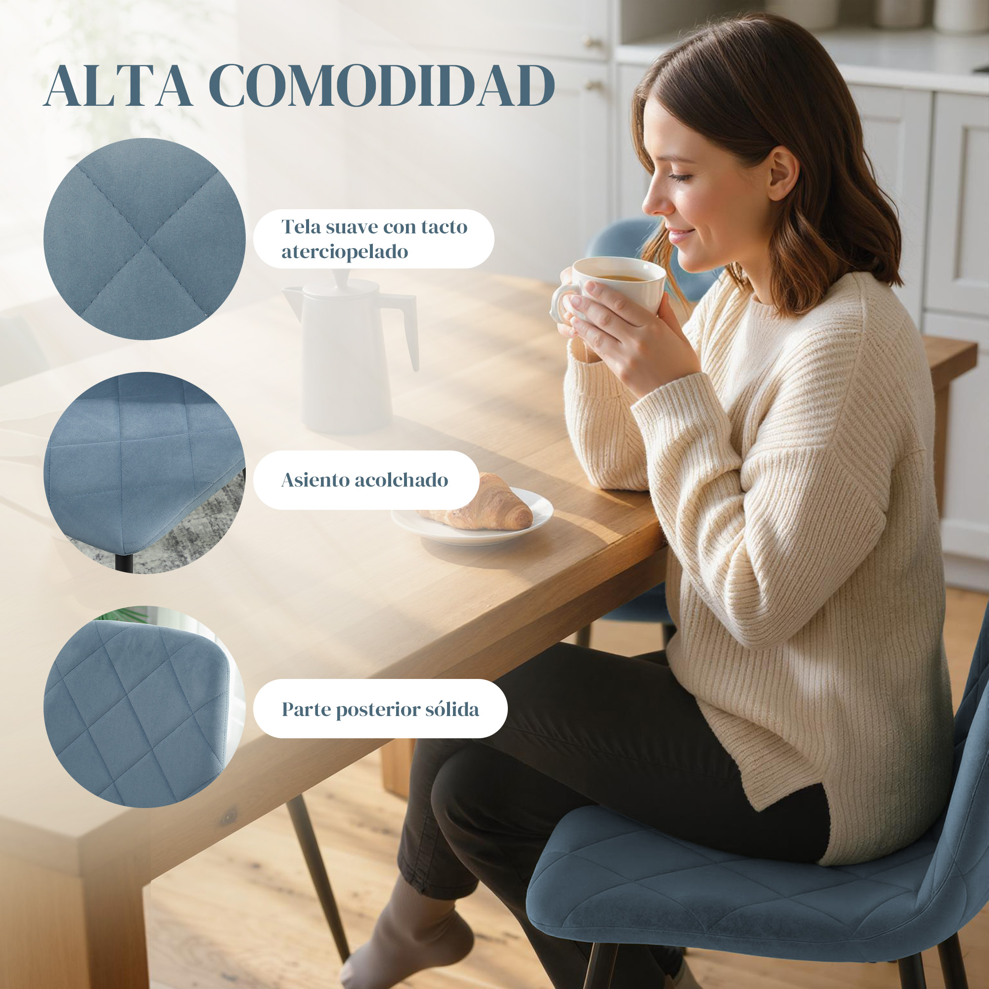 Una mujer bebe café en una mesa de madera con detalles de silla azul.