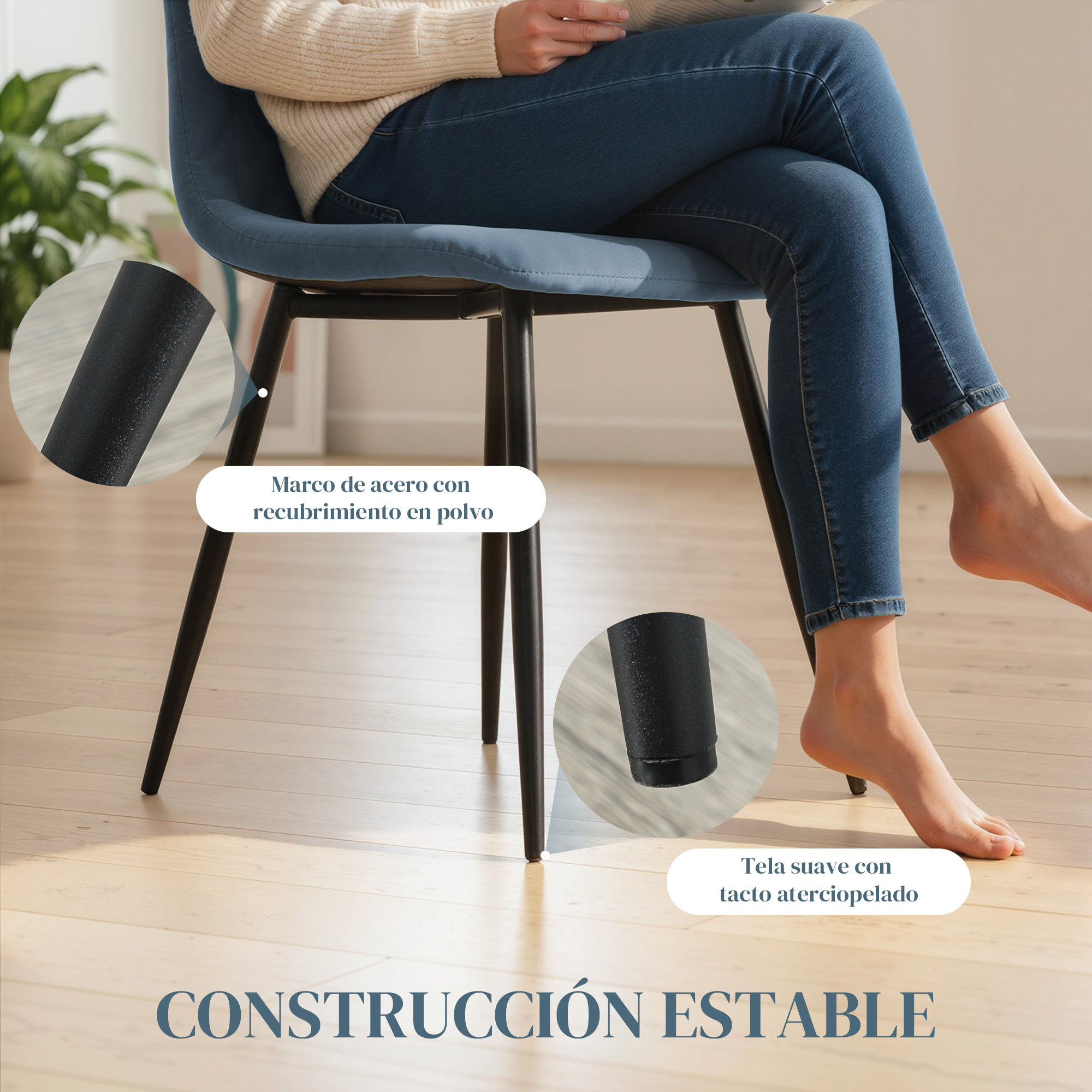 Persona sentada en silla azul con patas de metal negro. Primeros planos resaltan detalles.