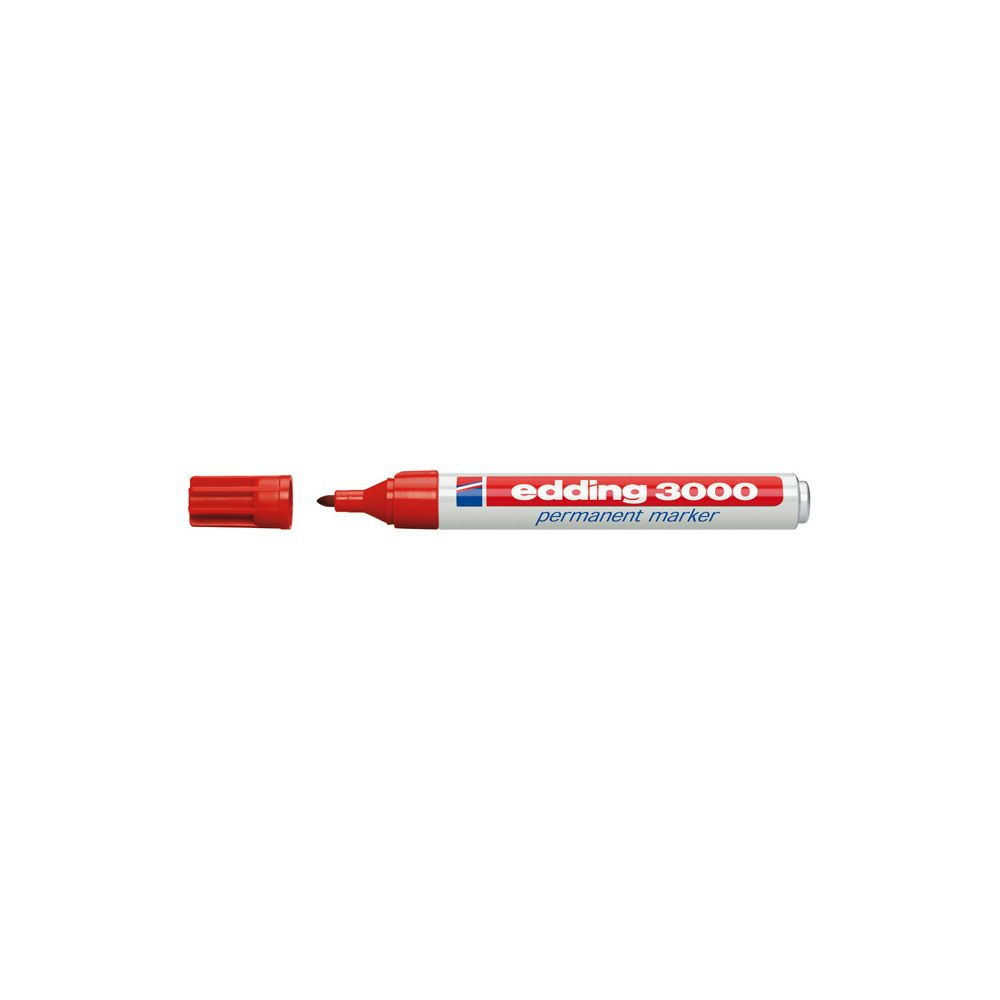 Ein roter Edding 3000 Permanentmarker mit abgenommener Kappe.
