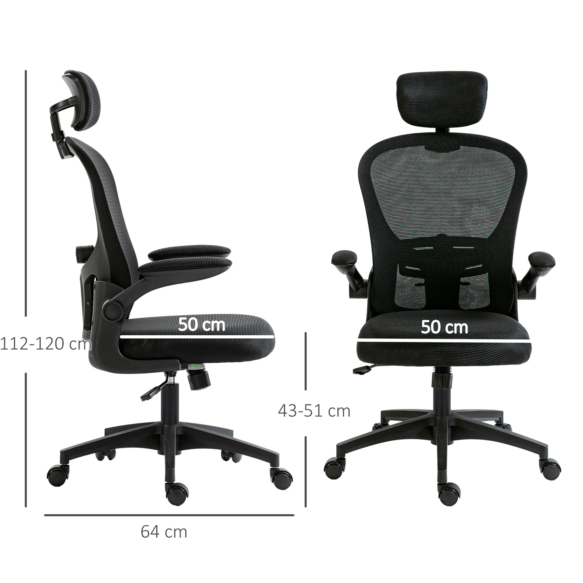 Una silla de oficina negra con respaldo de malla y reposacabezas, con medidas.
